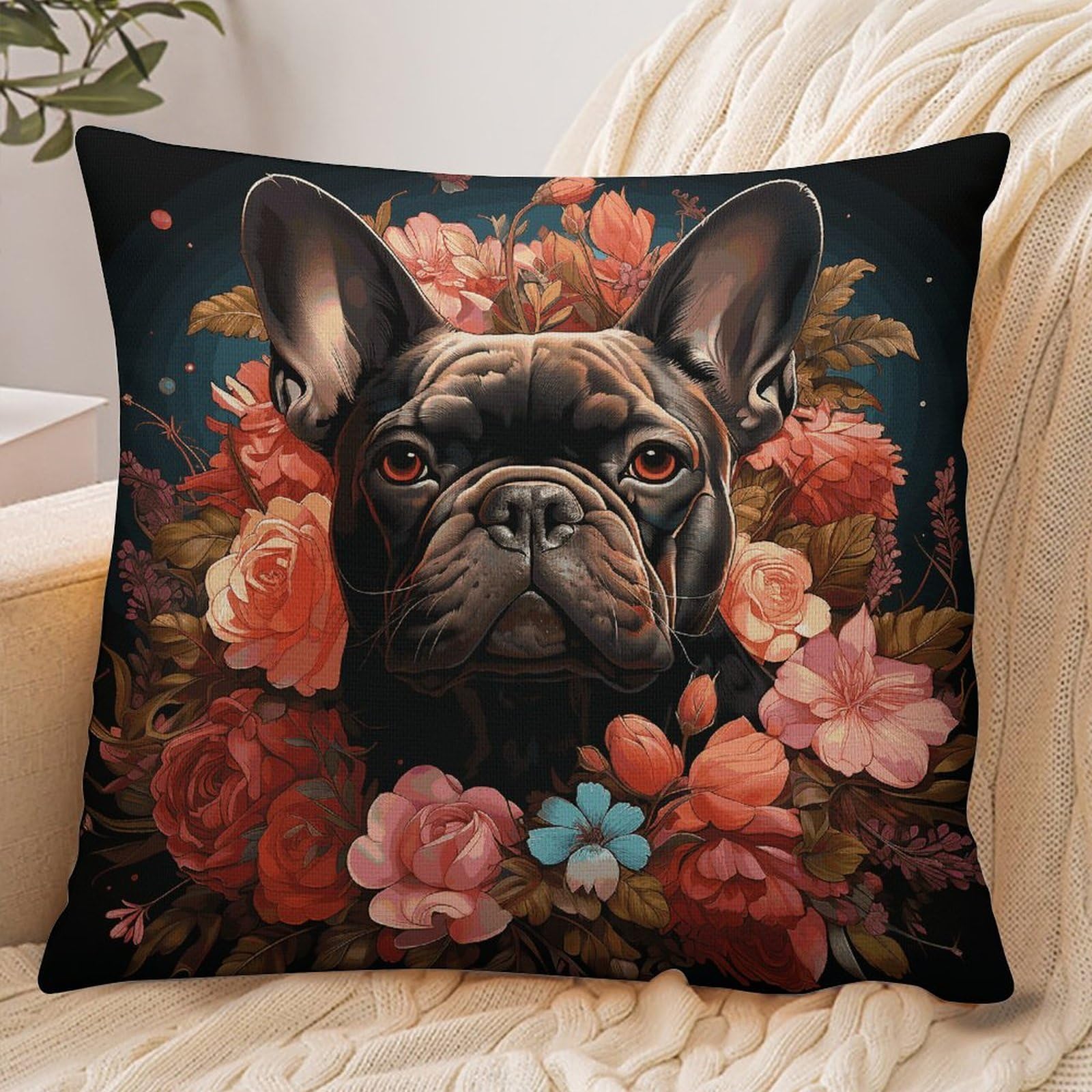 Fekiloot Style Bulldog And Flowers Pillowcase Pillow Sham Pillow Case