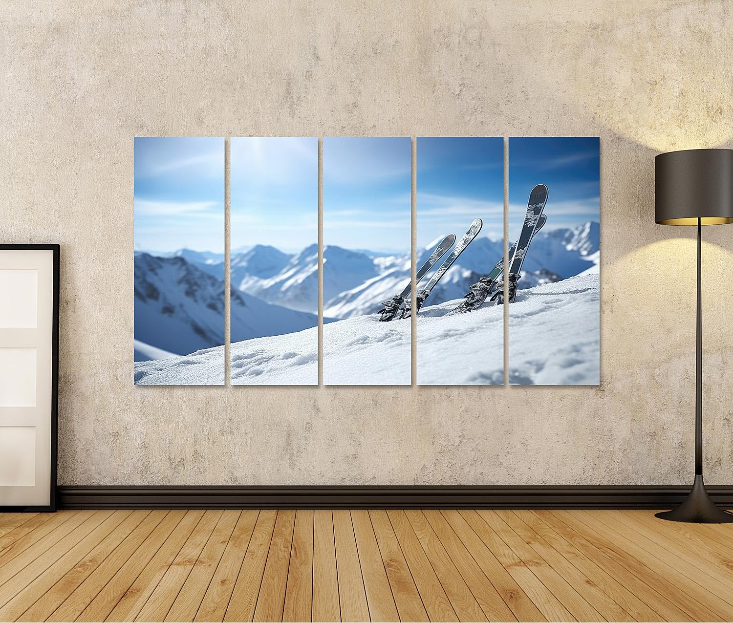 islandburner Bild auf Leinwand Skier in verschneiten Bergen vor blauem Himmel Bilder Wandbilder Poster