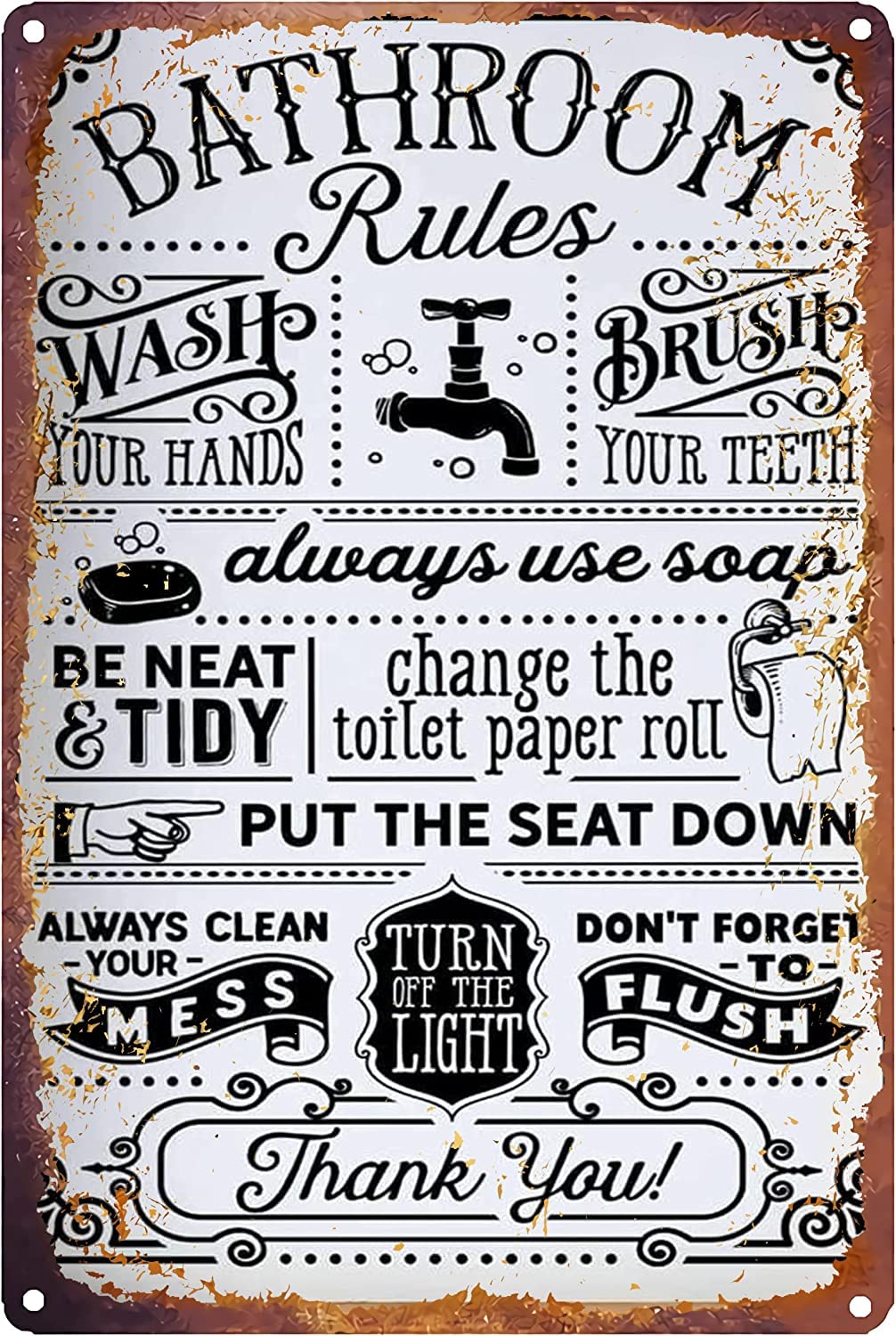 SMAZDFXX Funny Bathroom Decor Vintage Bathroom Rules Metal Tin Sign for Home Bathroom Accessories Poster 8"x12"