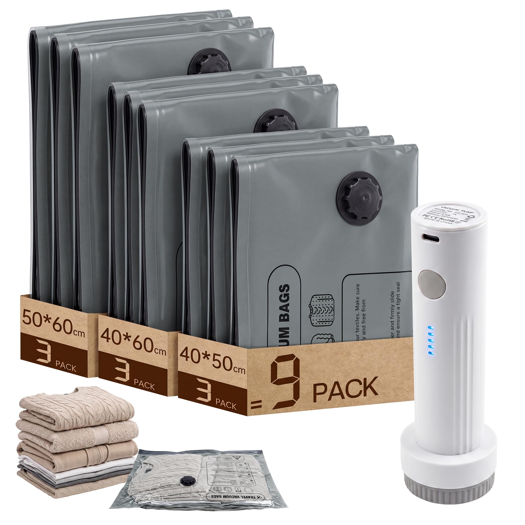 Wenrecu 9 Pack Vacuum Storage Bags with Cordless Electric Pump, 3 Sizes (40x50cm/40x60cm/50x60cm), Space Saver Bags for Travel & Home, Suitcase Camping Moving
