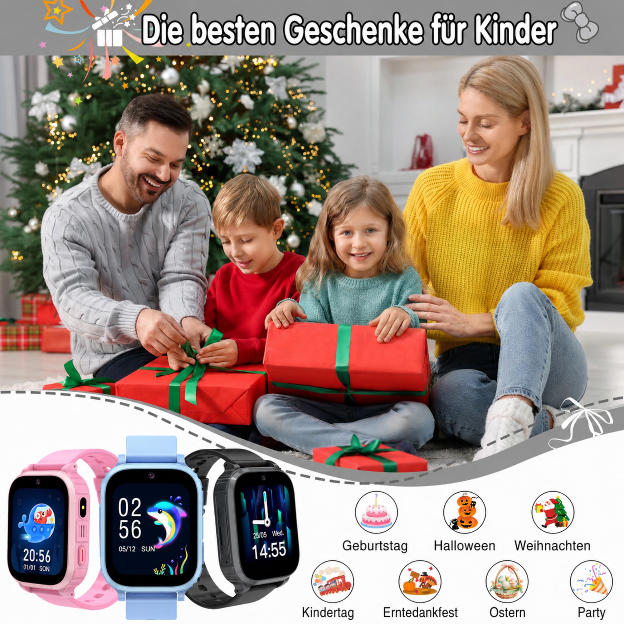 Smartwatch Kinder GPS, SOS, 4G Videoanruf, Schulmodus, WiFi Ortung, IP68 (Schwarz GPS)