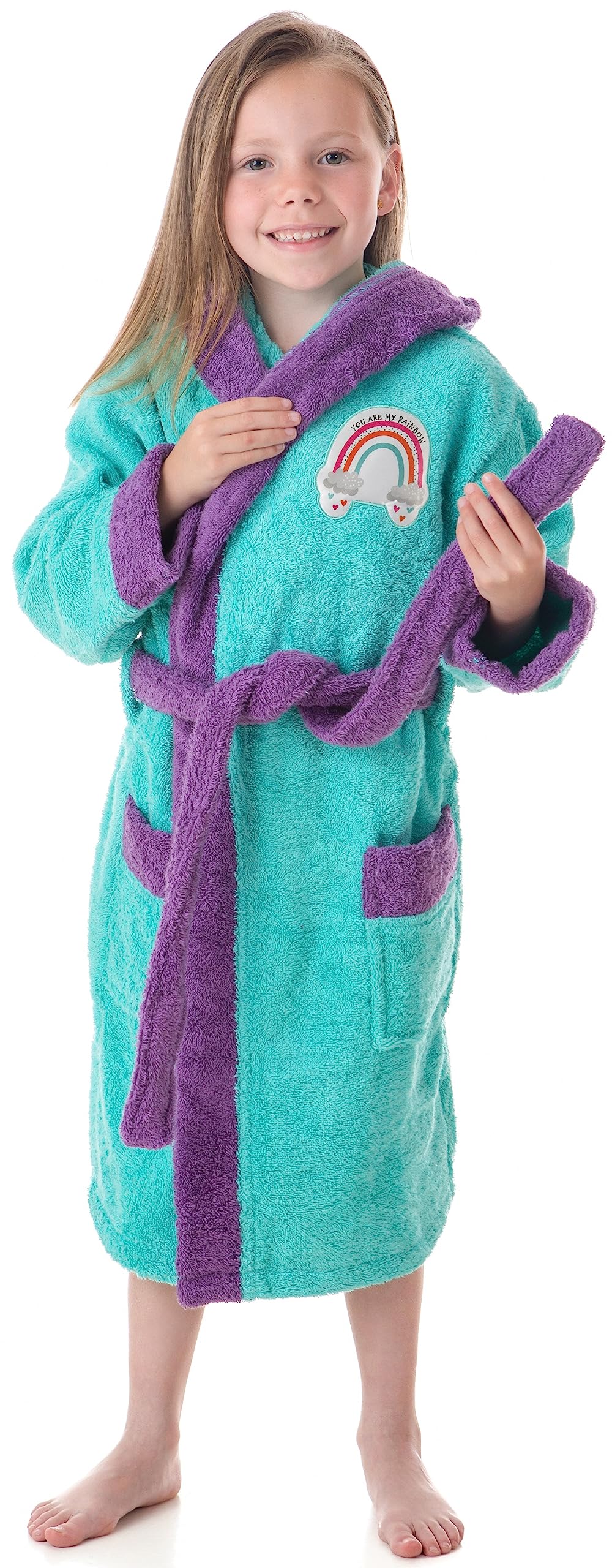 Albornoz Baño Niña Infantil 100% Algodón Bata con Bolsillos, Dibujos y Capucha Happy Shower