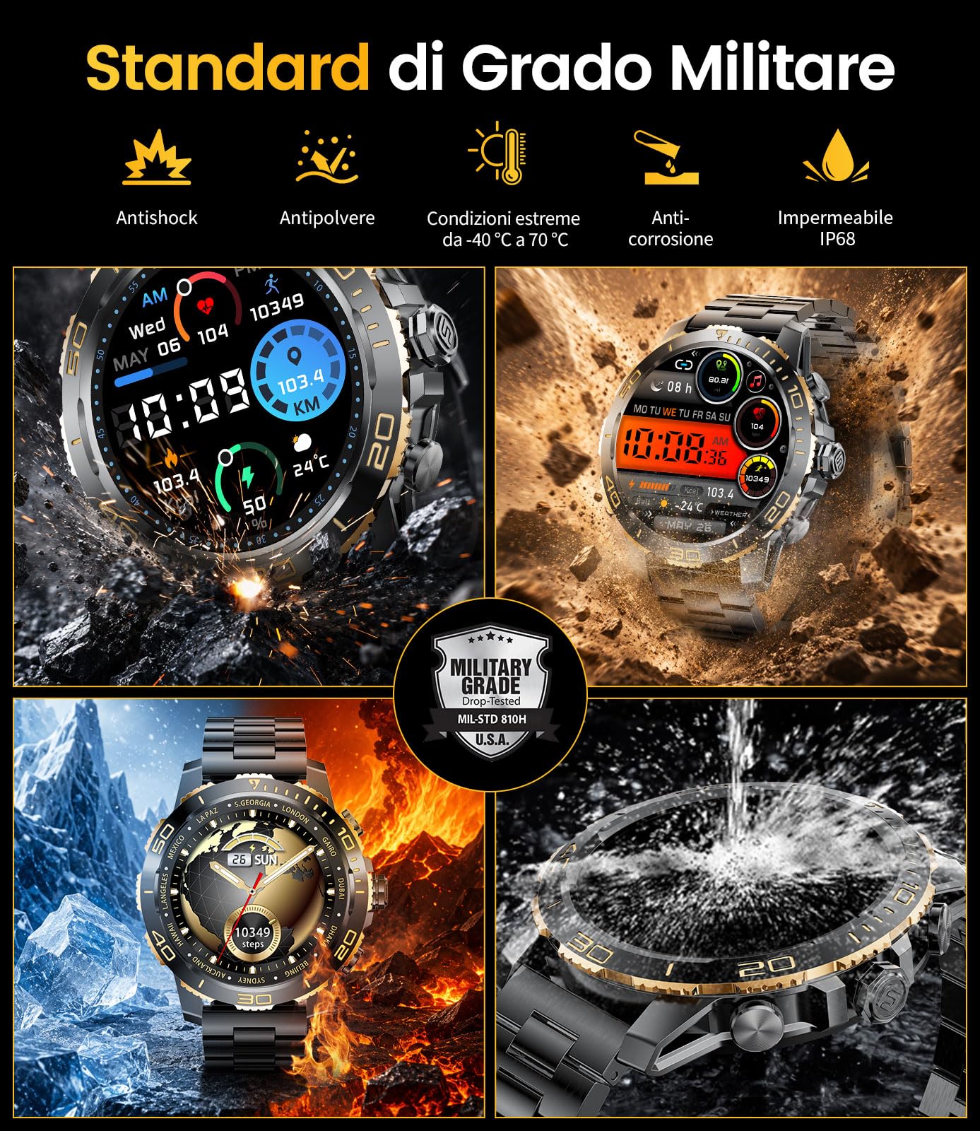 DREMAC Orologio da uomo con chiamata Bluetooth/800 mAh batteria, 1.43'' Amoled Orologio intelligente con frequenza cardiaca, IP68 Smartwatch con 200 modalità sportive per iOS/Android