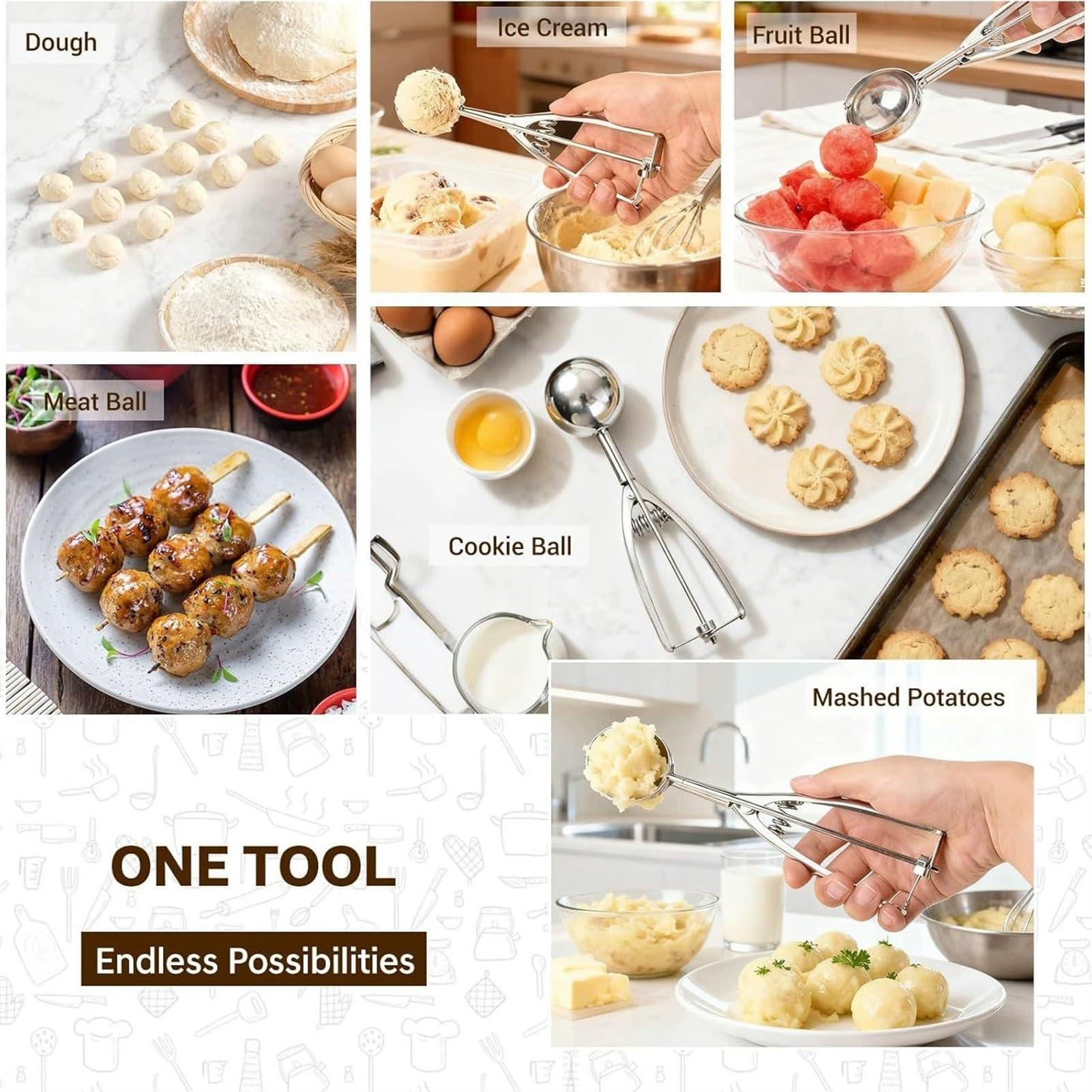 Lot de 3 cuillères à glace en acier inoxydable avec déclencheur, bol à melon multifonction pour crème glacée, pâte à biscuits, boulettes de viande et portions de fruits