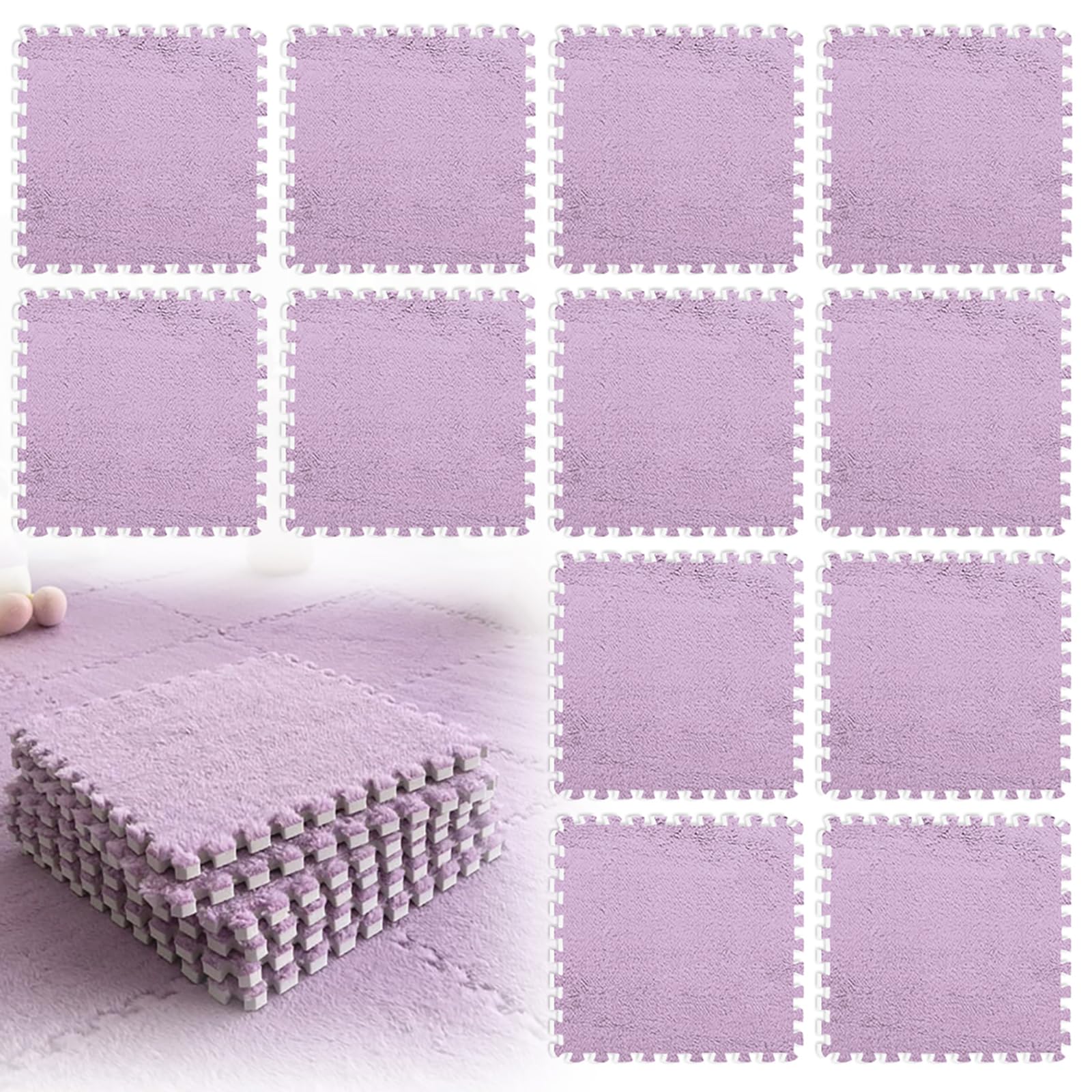 12 Piece Interlocking Foam Mats, Plush Fluffy EVA Puzzle Mat 30x30cm