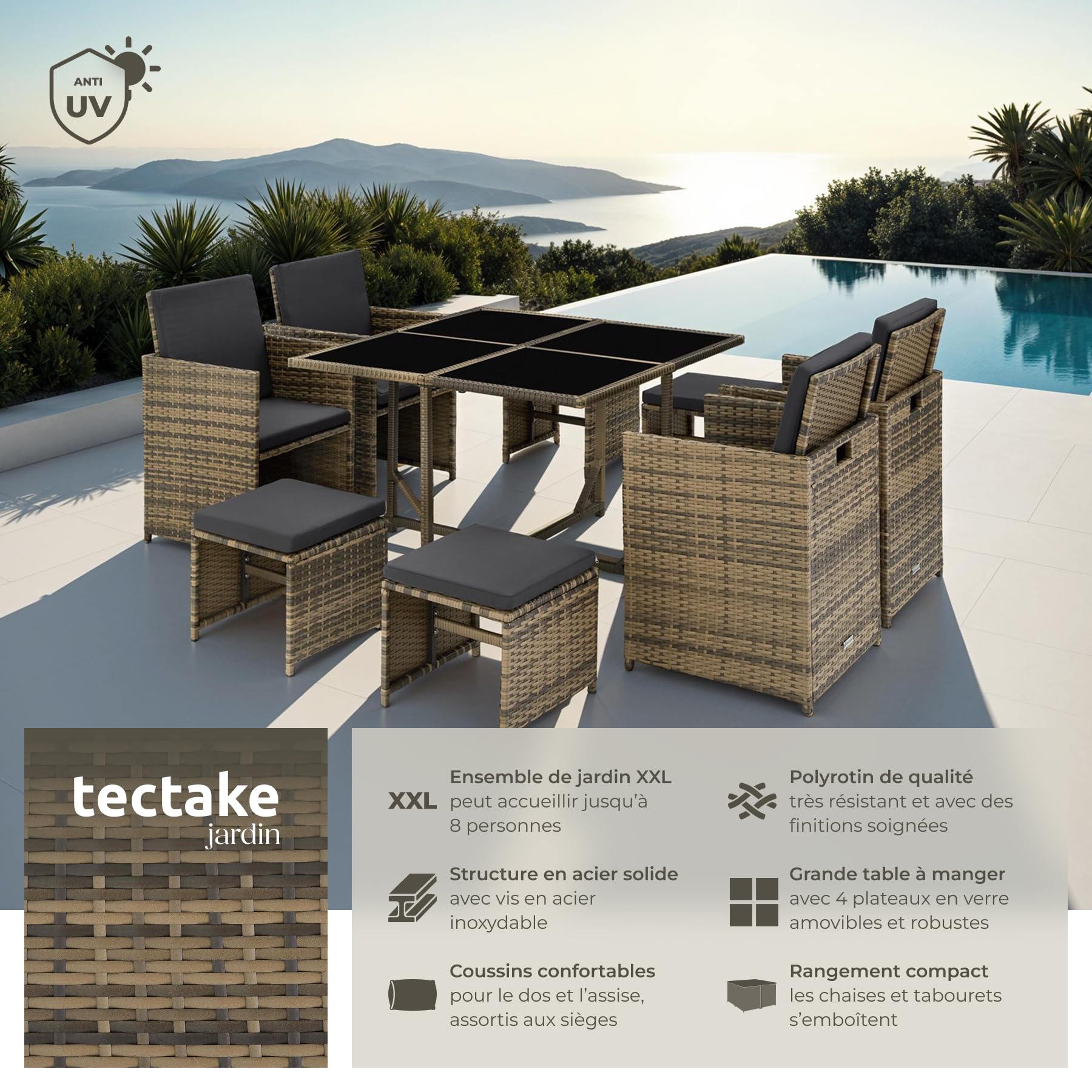 Tectake Salon de Jardin Extérieur en Poly Rotin - Table, 4 Chaises, 4 Tabourets, Housse de Protection - Mobilier Balcon Terrasse - Marron Naturel