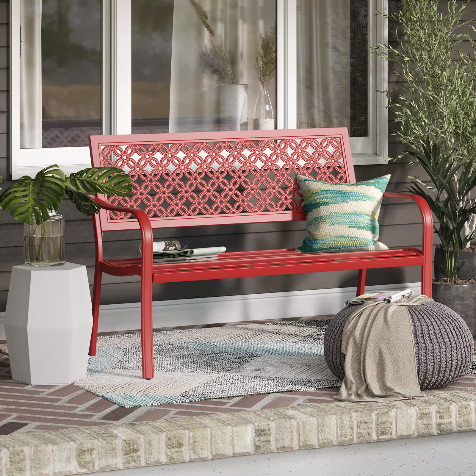 Grand patio Banco de Jardín, Garden Bench para 3 Personas, Acero Premium, Banco Exterior para Parque, Patio, Terraza (Modern, Carmine)