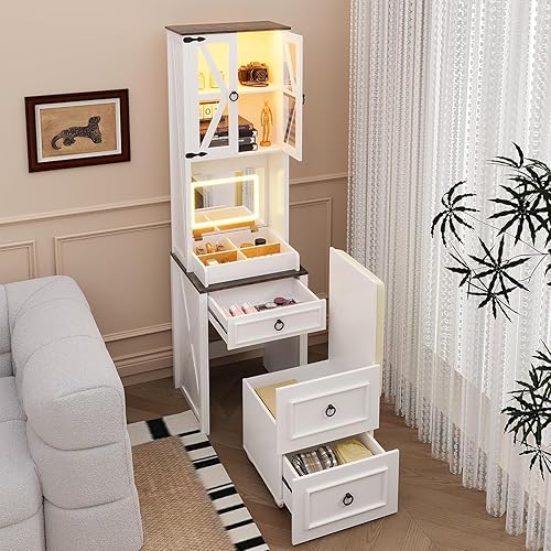 Miniatura 8 de Escritorio de tocador con estación de carga y taburete oculto, mesa de tocador de maquillaje con espejo abatible y luces, tocador con sensor de