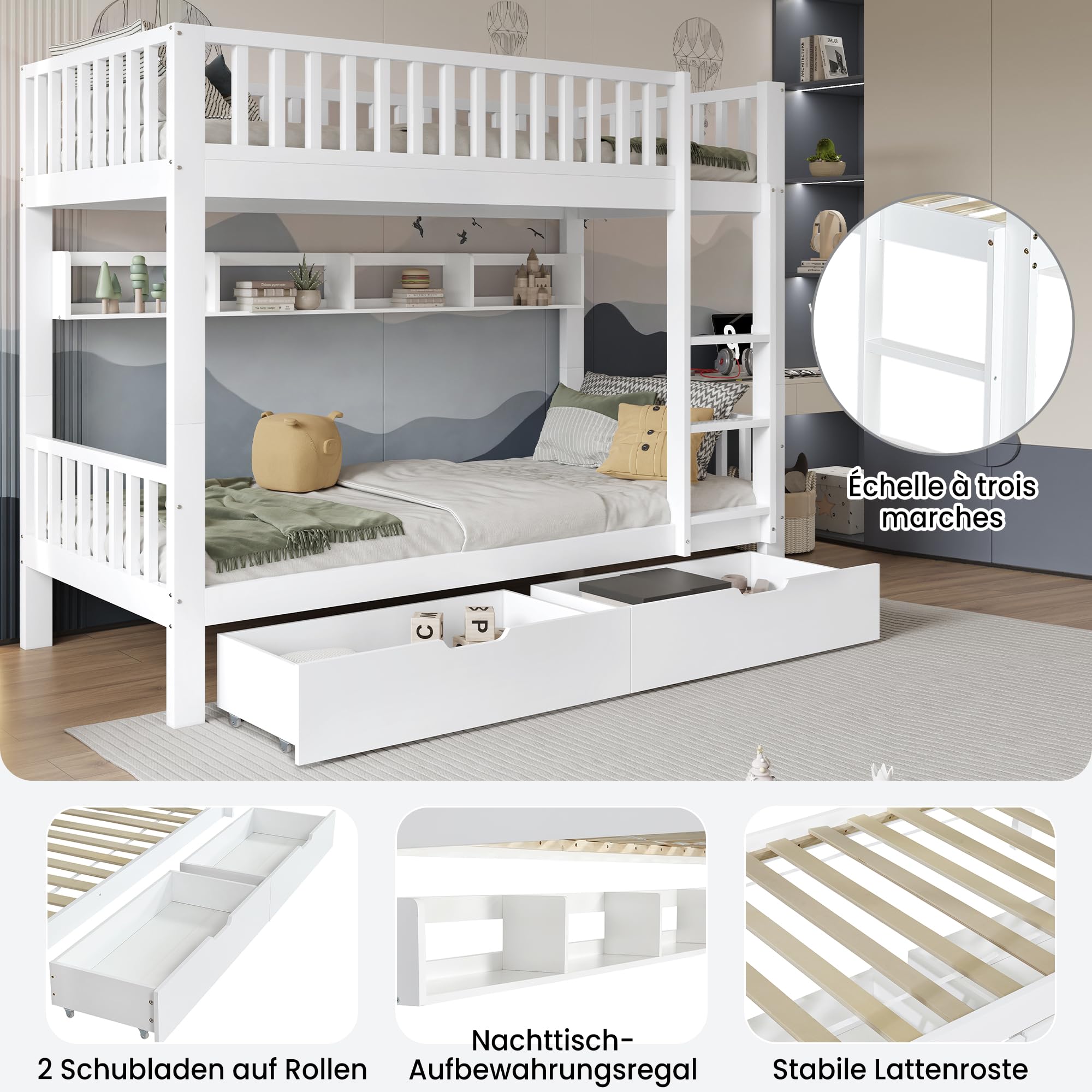 Oyemige Letto a Castello 90x200 cm, Letto per Bambini con 2 Cassetti, Letto Matrimoniale con Parapetto e Scala Ad Angolo Retto, Struttura In Pino, con Parapetto, Rete a Doghe, Bianco, Senza Materasso