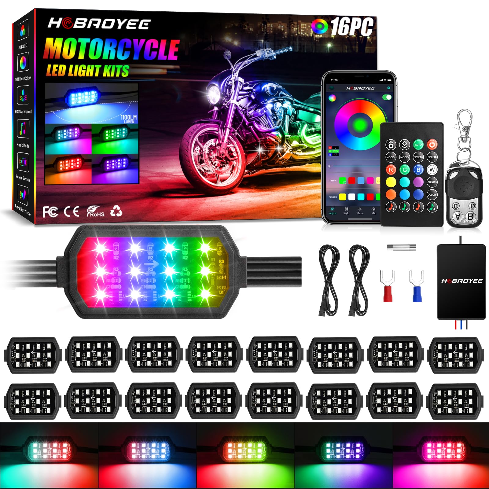 Motorcycle RGB LED Under Glow Lights 16-Piece Motorcycle LED Underglow ...