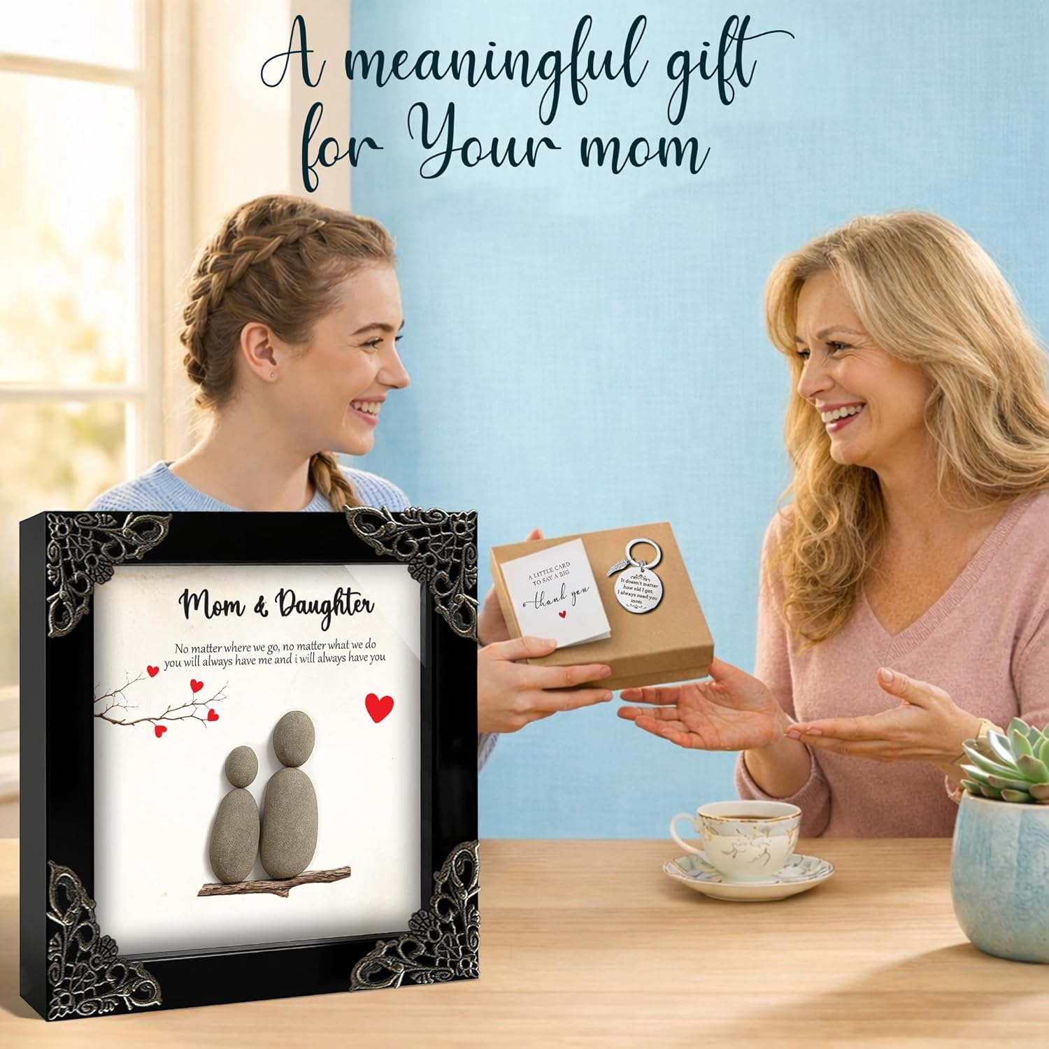 Mothers Day Mom Gifts from Daughters – 5.5" Pebble Art Frame Mothers Day Plaque, Engraved Mom Keychain, Card – Birthday Gift Set for Moms, Mother, Mama from Daughter Son, Best Mum Ever Keepsake S15-55