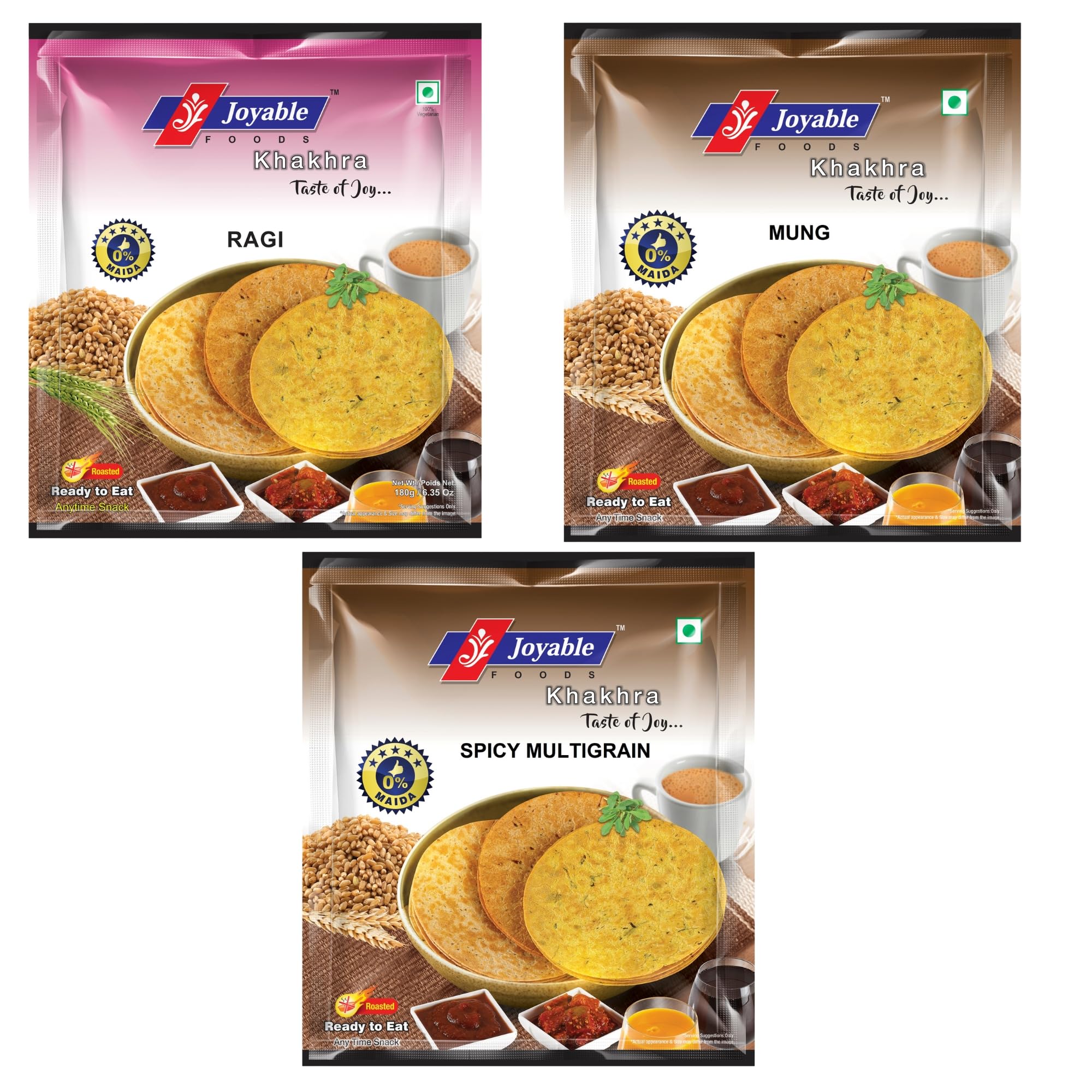 Joyable Diet Khakhra Combo (Ragi/Nachni, Mung, Spicy Multigrain) - Pack Of 6, 200 Gms Each | Healthy Traditional Gujarati Snacks | Ready To Use