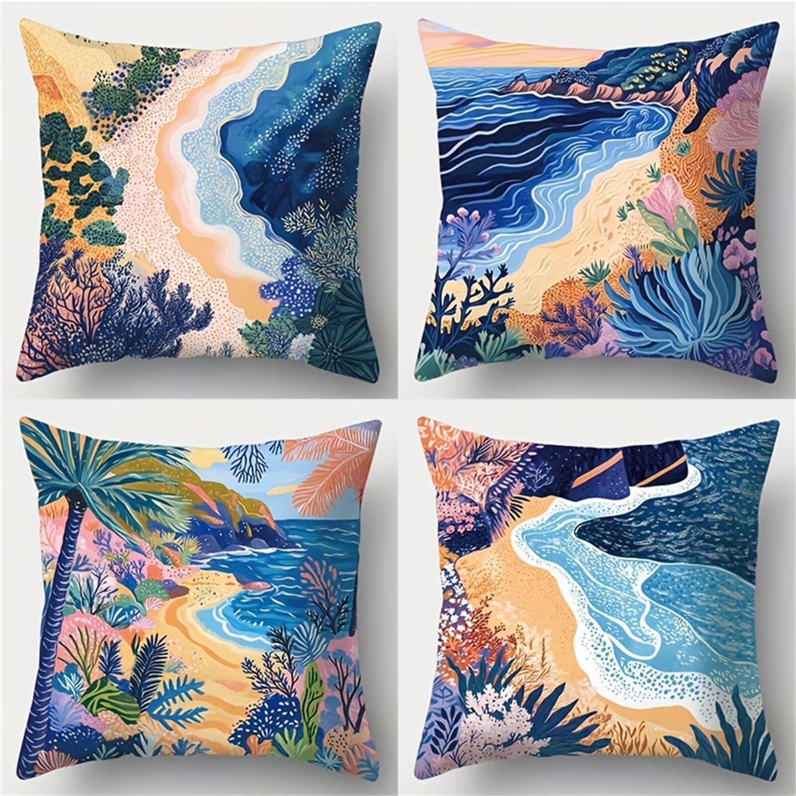 Heaen Outdoor Cushions Covers Waterproof 45x45 cm Set of 4 Square Linen Pillow Cases Tropical Plant Scenery Decorative Dushions for Sofa Porch Patio Home Decor