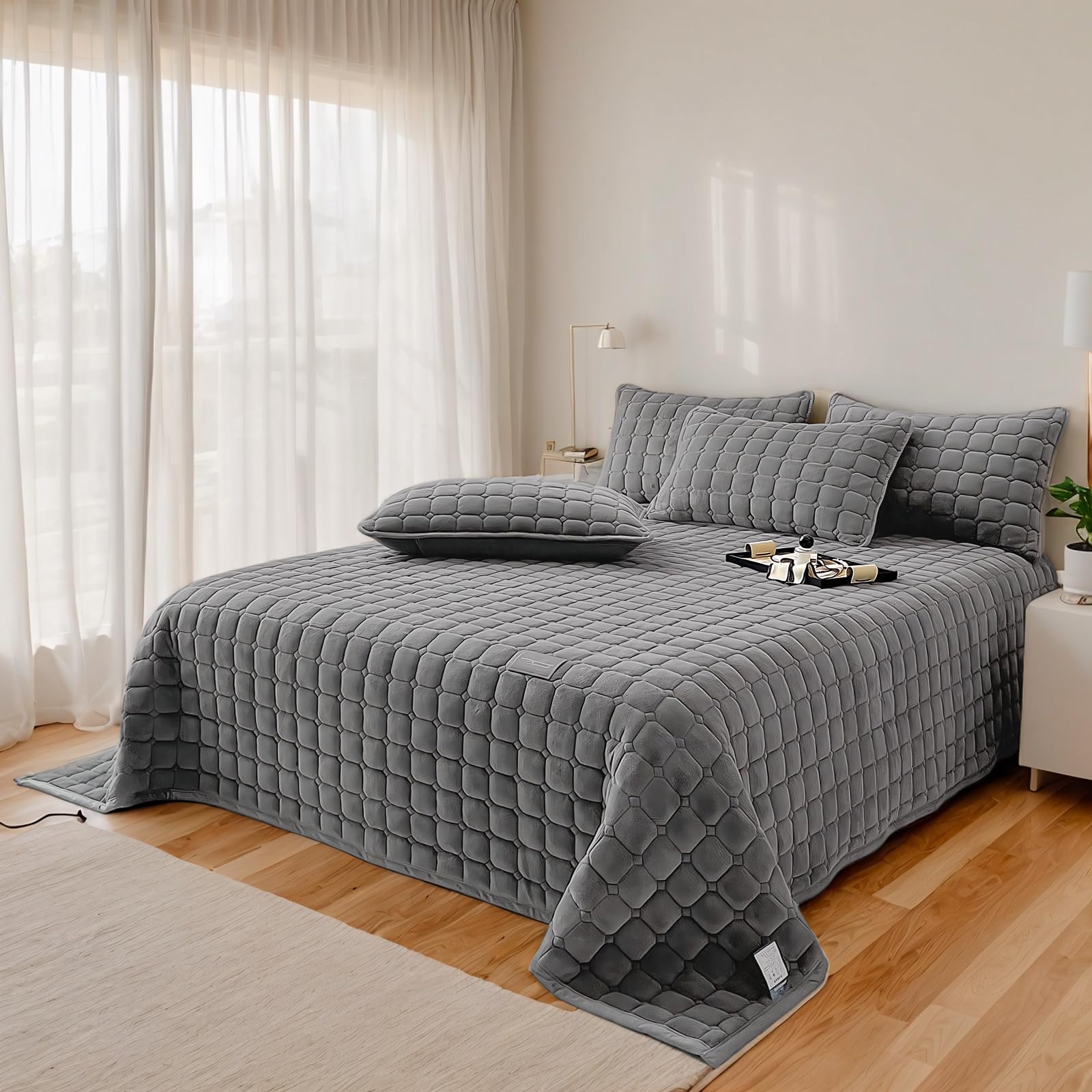 OKYUK Set di biancheria da letto lussuosa in velluto, trapuntato, per letto king size, 2 federe abbiate, per tutte le stagioni (colore: grigio scuro, 230 x 250 cm)