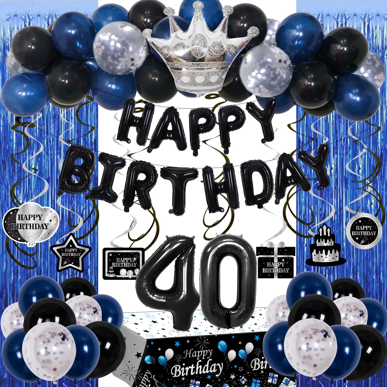 40th Birthday Decorations for Men Women, Blue Black Happy 40th Birthday Decorations for Man, 40 Year Old Birthday Balloons Banner, Tablecloth, Foil
