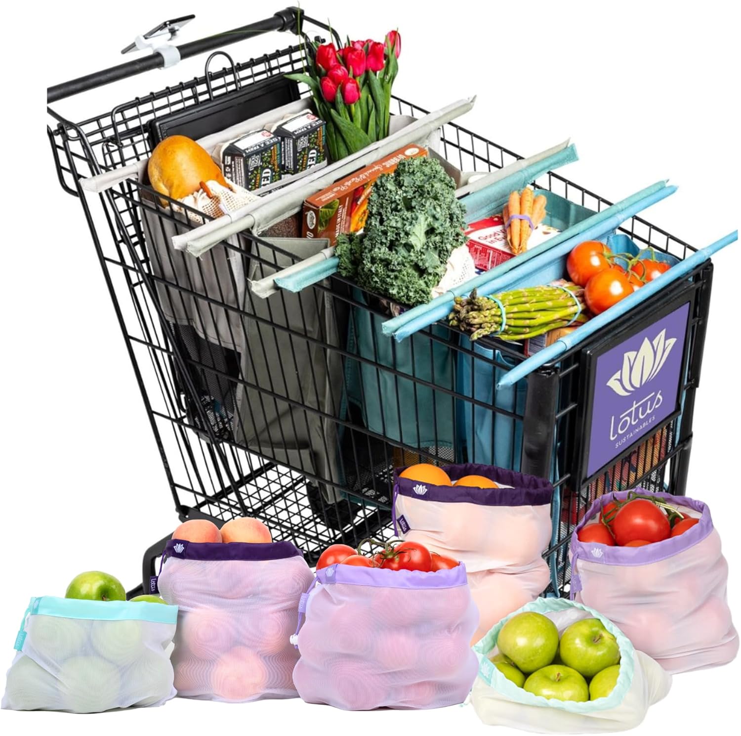 Lotus Trolley Bag Reusable Grocery Cart Bags (Earth Tones) Set of 4 and Reusable Netted Produce Mesh Bags Set of 9