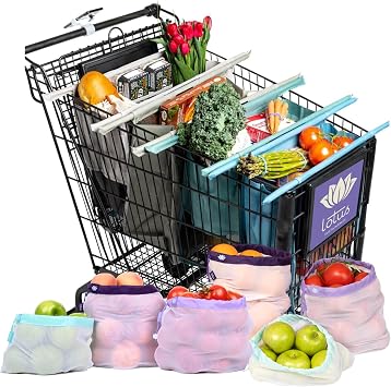 Lotus Trolley Bag Reusable Grocery Cart Bags Earth Tones Set of 4 and Reusable Netted Produce Mesh Bags Set of 9