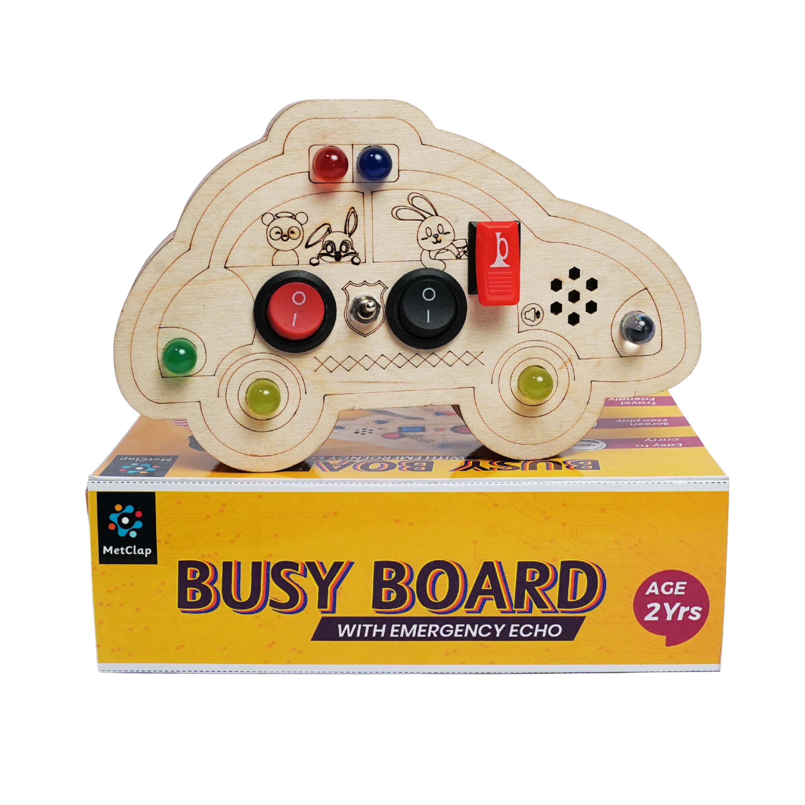 Metclap Emergency Echo Busy Board – Wooden Car Shape Montessori Busy Board Toy with Lights, Siren Sounds, Switches & Buttons – Educational Sensory Activity Toy for Toddlers, Kids Travel Learning Toy