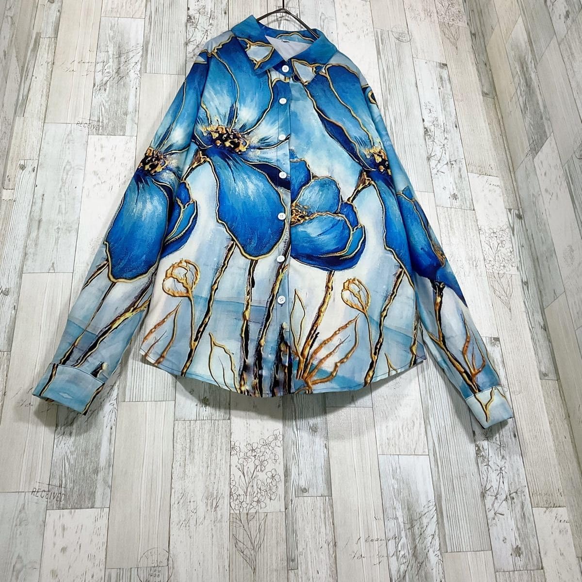 Amazon.co.jp: 柄シャツ レディース 長袖 M 青 古着 総柄 花柄 
