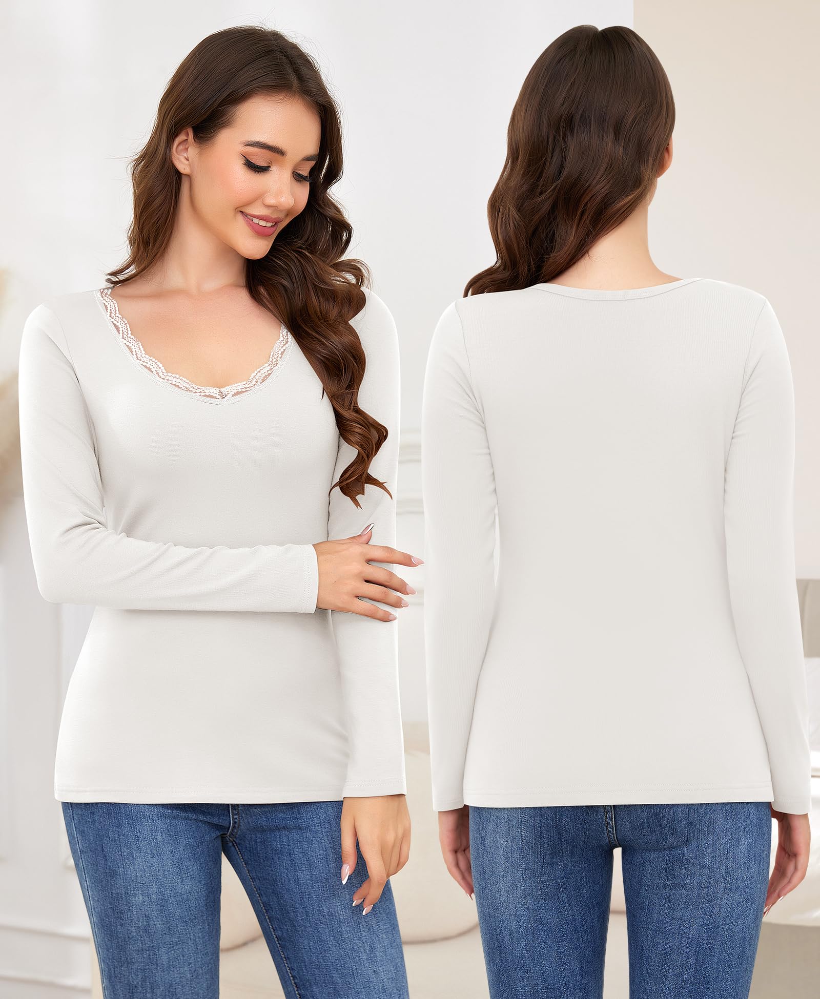 Thermounterwäsche Damen Langarmshirt Thermo Unterwäsche Basic Thermoshirt Thermo Oberteil Spitze V-Ausschnitt Thermowäsche Unterhemd Langarm Thermal Innenfleece Winter Shirt