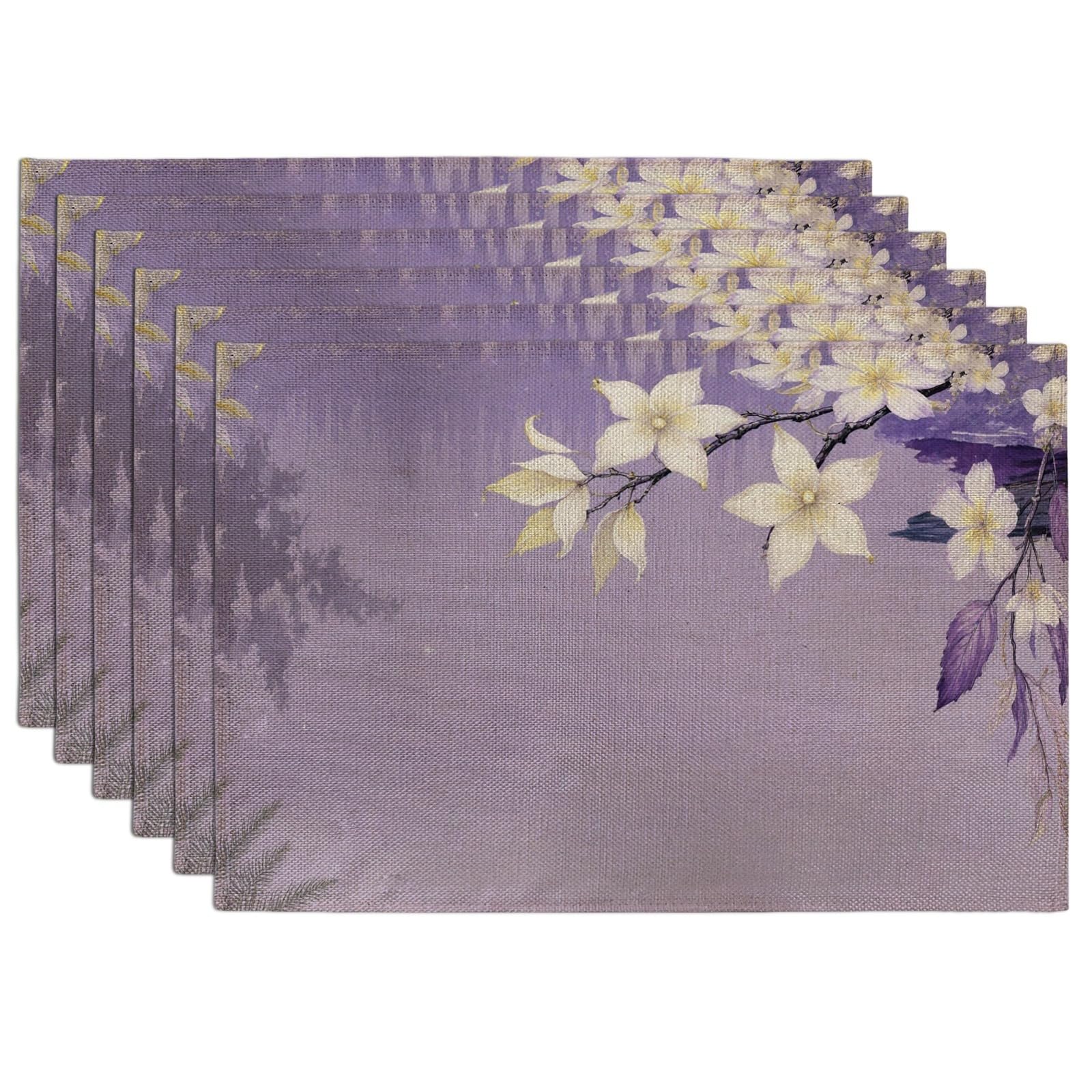 Violet Floral Placemats, Elegant Botanical Place Mats for Dining Table, Spring Season Non-Slip Washable Indoor Outdoor Kitchen Party Decorative Placemat Set of 6