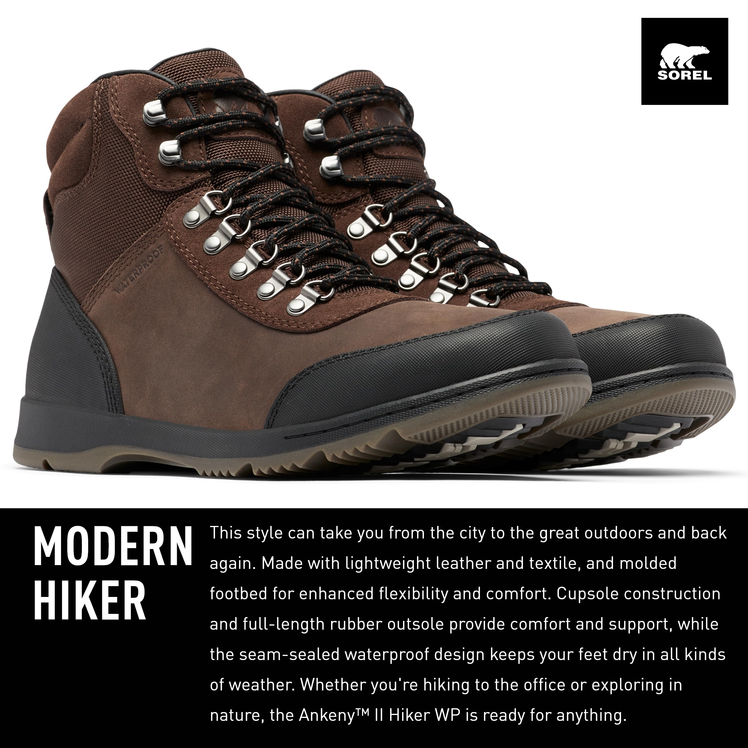 Sorel Men's Ankeny II Hiker Waterproof Boots - Tobacco, Black - Size 10.5