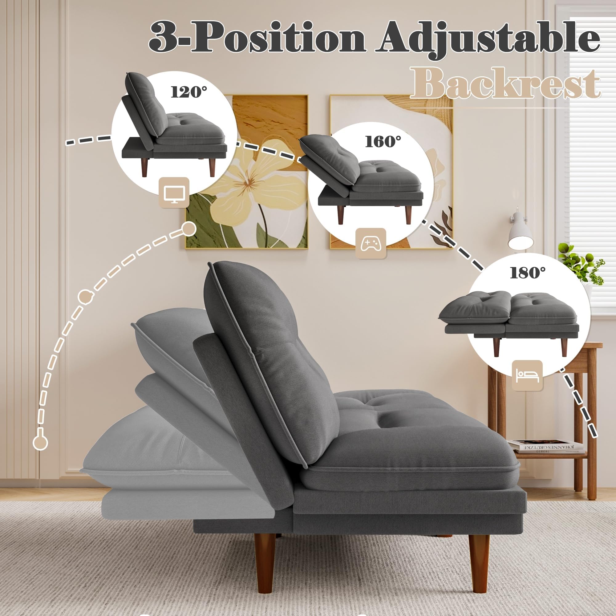 Homall 65'' Futon Sofa Bed, Modern Convertible Loveseat Futon Couch | Sleeper Sofa with Adjustable Backrest & Armrests, Wood Frame Recliner Lounge for Living Room, Apartment | Linen, French Grey