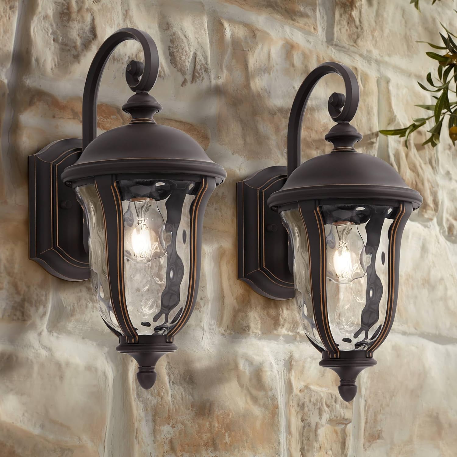 John Timberland Park Sienna Rustic Vintage Outdoor Wall Light Fixtures Set of 2 Bronze Metal 16 3/4" Clear Hammered Glass Panels for Post Exterior Barn Deck House Porch Yard Patio Garage Garden