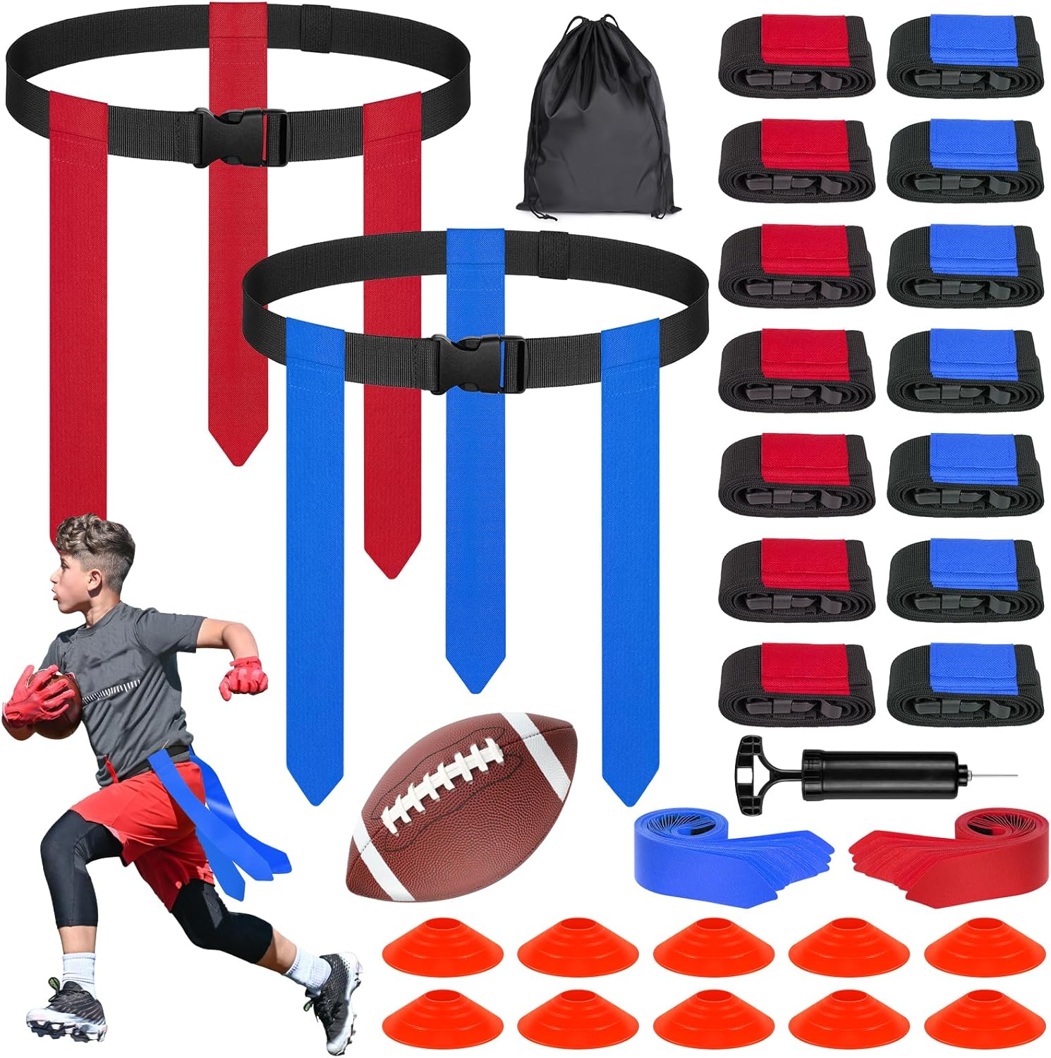 BORNEW Flag Football Set - 14/20 Player Adjustable Belts with Cones, Football, Pump, Bag, for Youth and Adults Training