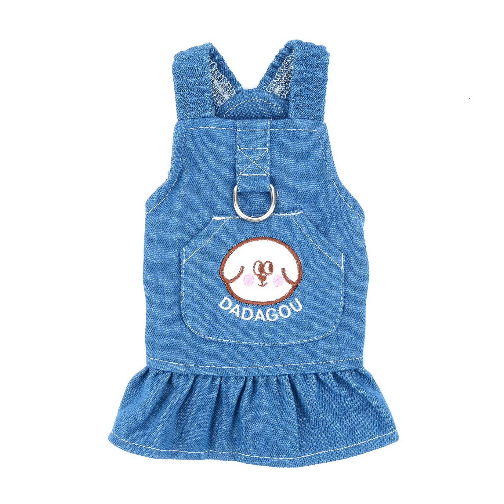 Denim Hundekleid Mit Erdbeermotiv – Für Kleine Hunde & Katzen, Größe S, Mit D-Ring Für Leine, Flatterärmeln