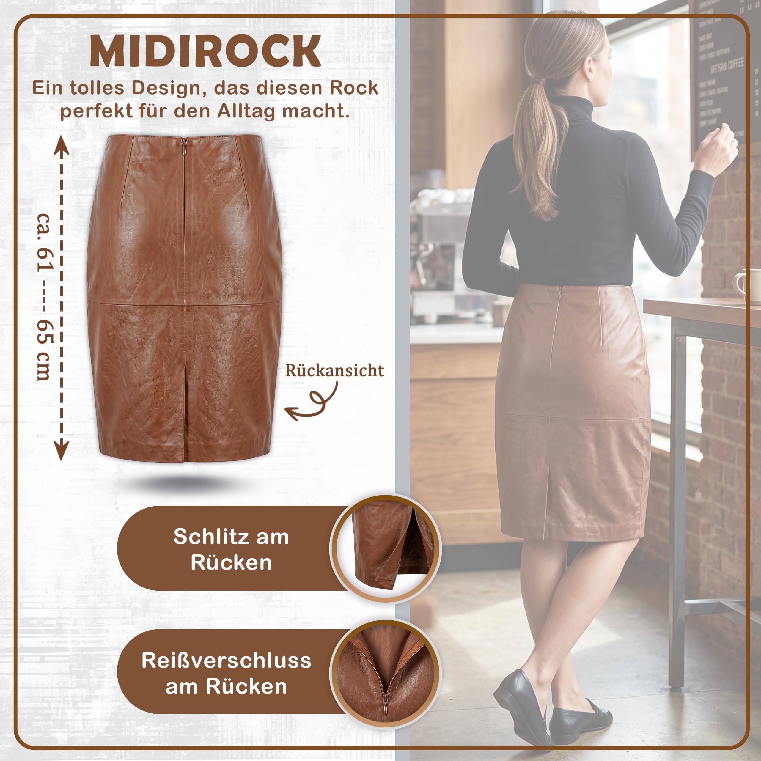 Trendiger Midi Lederrock aus Lammnappa Business Rock Echtleder