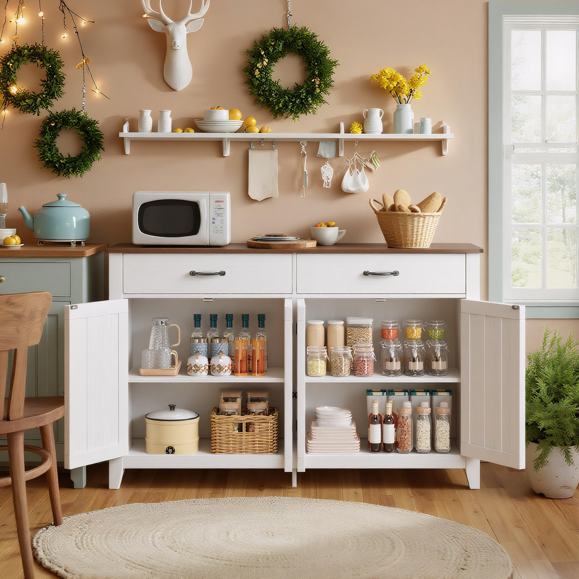 Credenza Cucina,Mobile da Cucina con Piano, con 4 Doors and 2 Drawers,per Soggiorno, Cucina, Sala da Pranzo,140 x 40 x 89CM,Retro