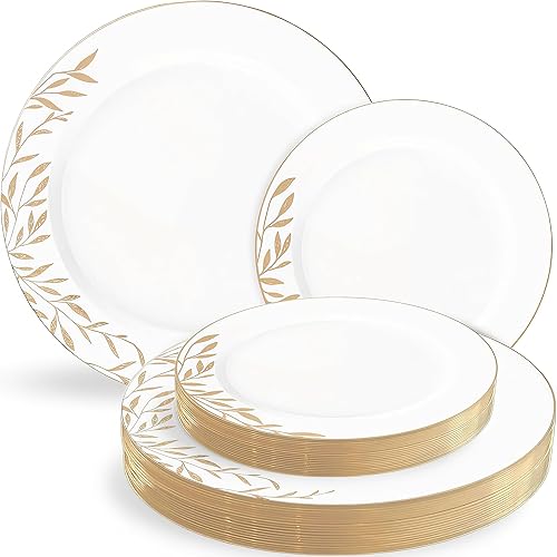 Miniatura 1 de Blue Sky Foliage Collection - Combo blanco y dorado, 32 unidades, juego de platos de plástico desechables blancos con 16 platos de almuerzo de 7.5