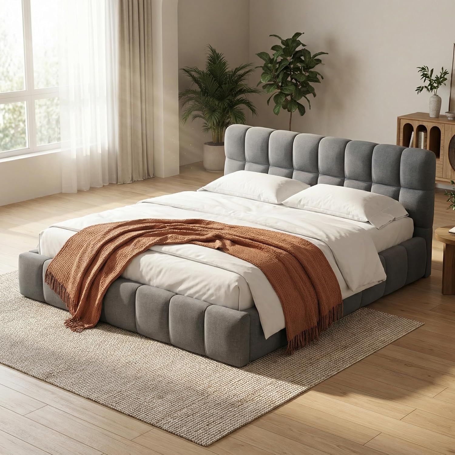Fofetbfo Polsterbett 140x200, Doppelbett mit Bettkasten, Bubble Bett Jugendbett mit Lattenrost und Gepolstertes Kopfteil, Flachbett Gästebett, Leinen Beige,ohne Matratze (grau, 140x200 cm)