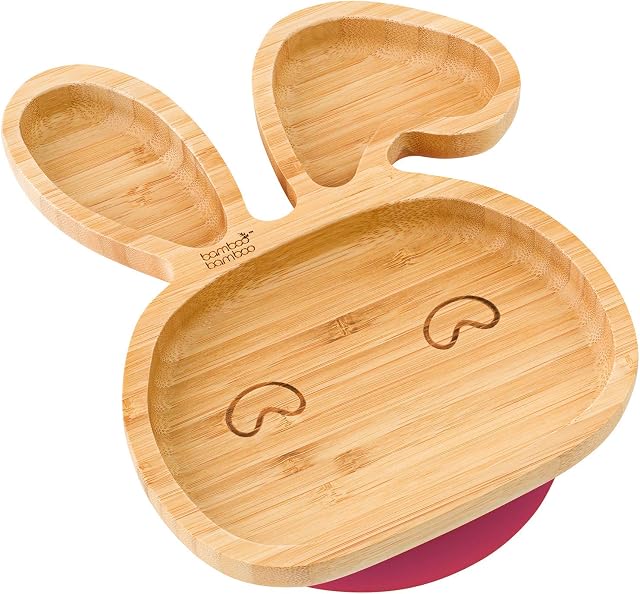 bamboo bamboo ® Baby Plate Kids and Toddler Suction Cup Bamboo Plate for Babies | Non-Toxic | Cool to The Touch | Ideal for Baby-Led Weaning (Bunny, Cherry)