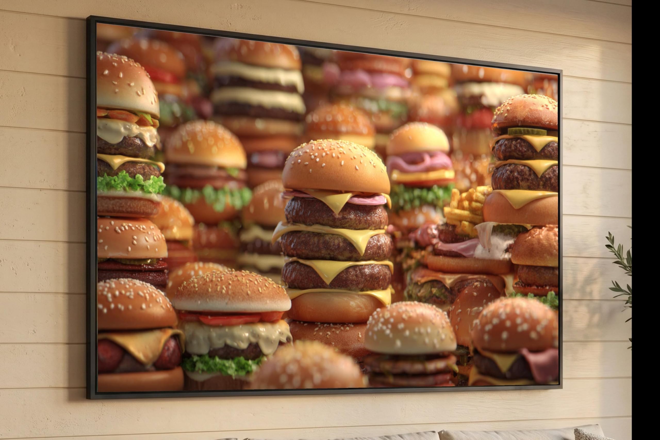 Yusuzhu Frameless Burger Stack Canvas, Fast Food Wall Art, Cheeseburger Home Décor, Juicy Burger Canvas Print, Food Kitchen Art Painting(80X110cm/Frameless)