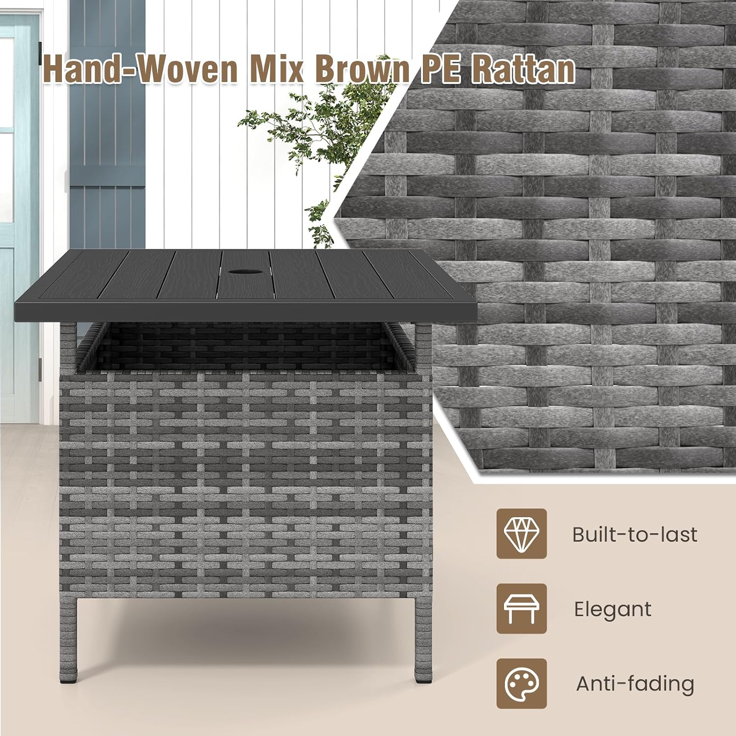 Tangkula Outdoor Wicker Table, Rattan Coffee Table with Umbrella Insert Hole, HDPE Tabletop & Sturdy Metal Frame, Patio Umbrella Side Table Stand for Backyard, Garden, Poolside (Mix Grey)