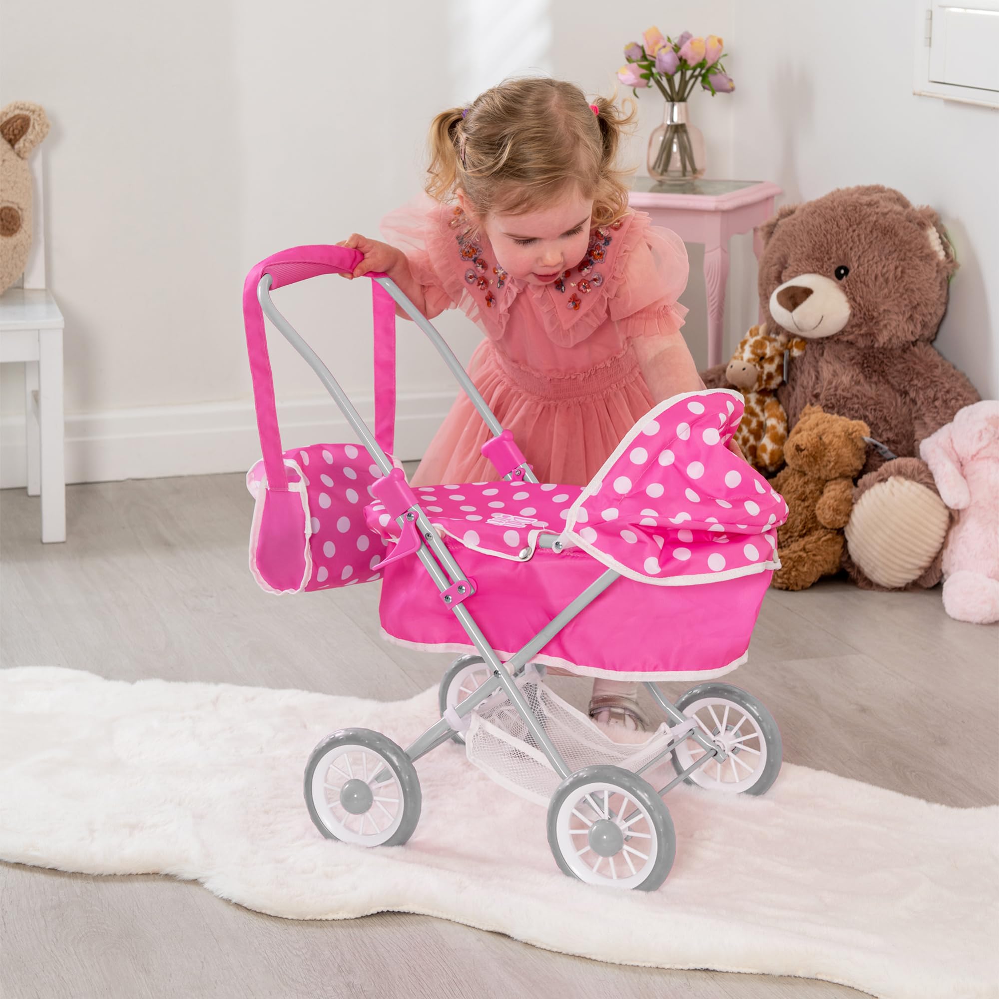 Carrozzina Dolly Tots Cutie | Passeggino per bambini con grembiule rimovibile e cappuccio regolabile | Sistema da viaggio pieghevole leggero con borsa abbinata | 3+