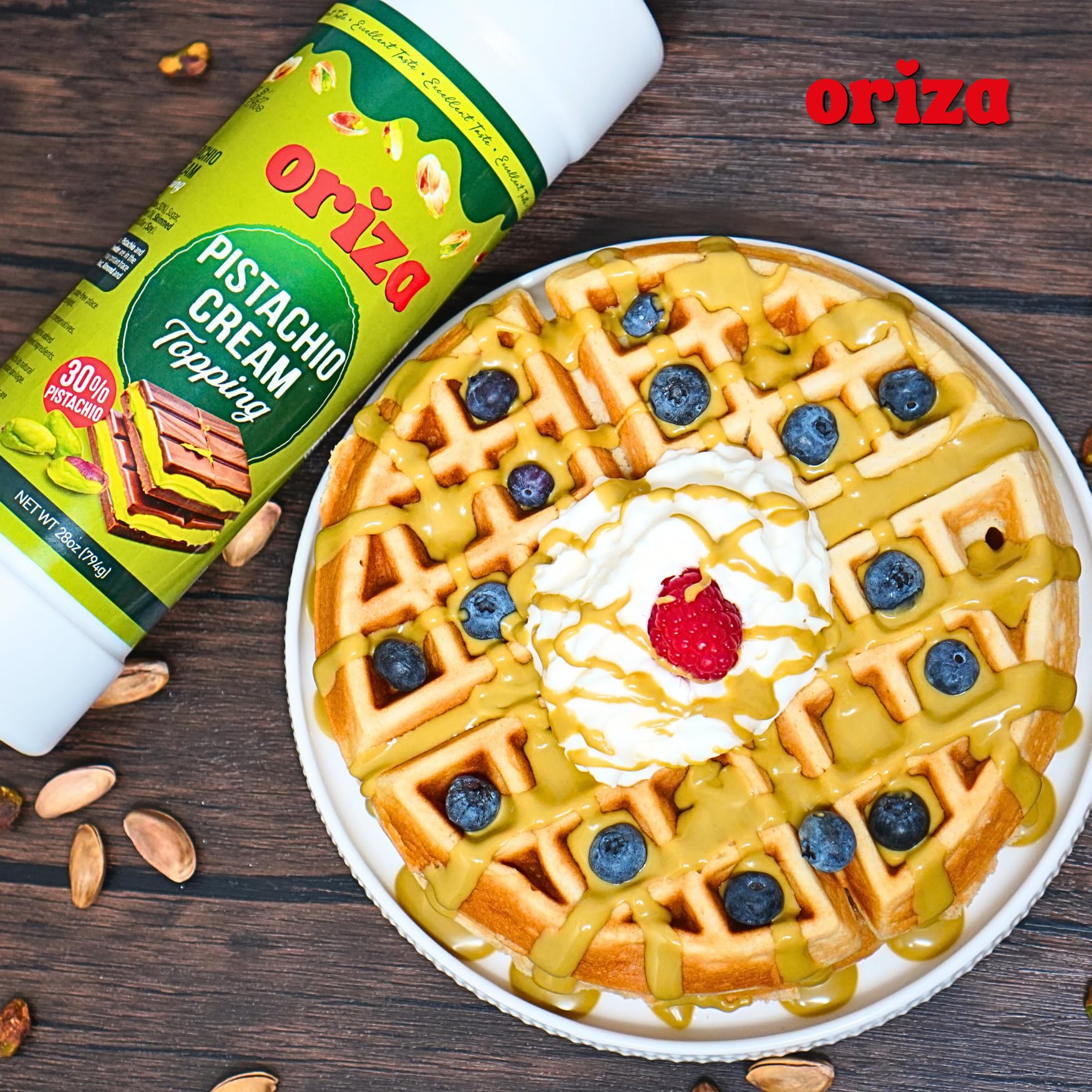Oriza Pistachio Cream Topping 28oz 800g Bottle Pack of 24 Bulk Pistachio Spread with 30 Pistachios Palm Oil — view 5