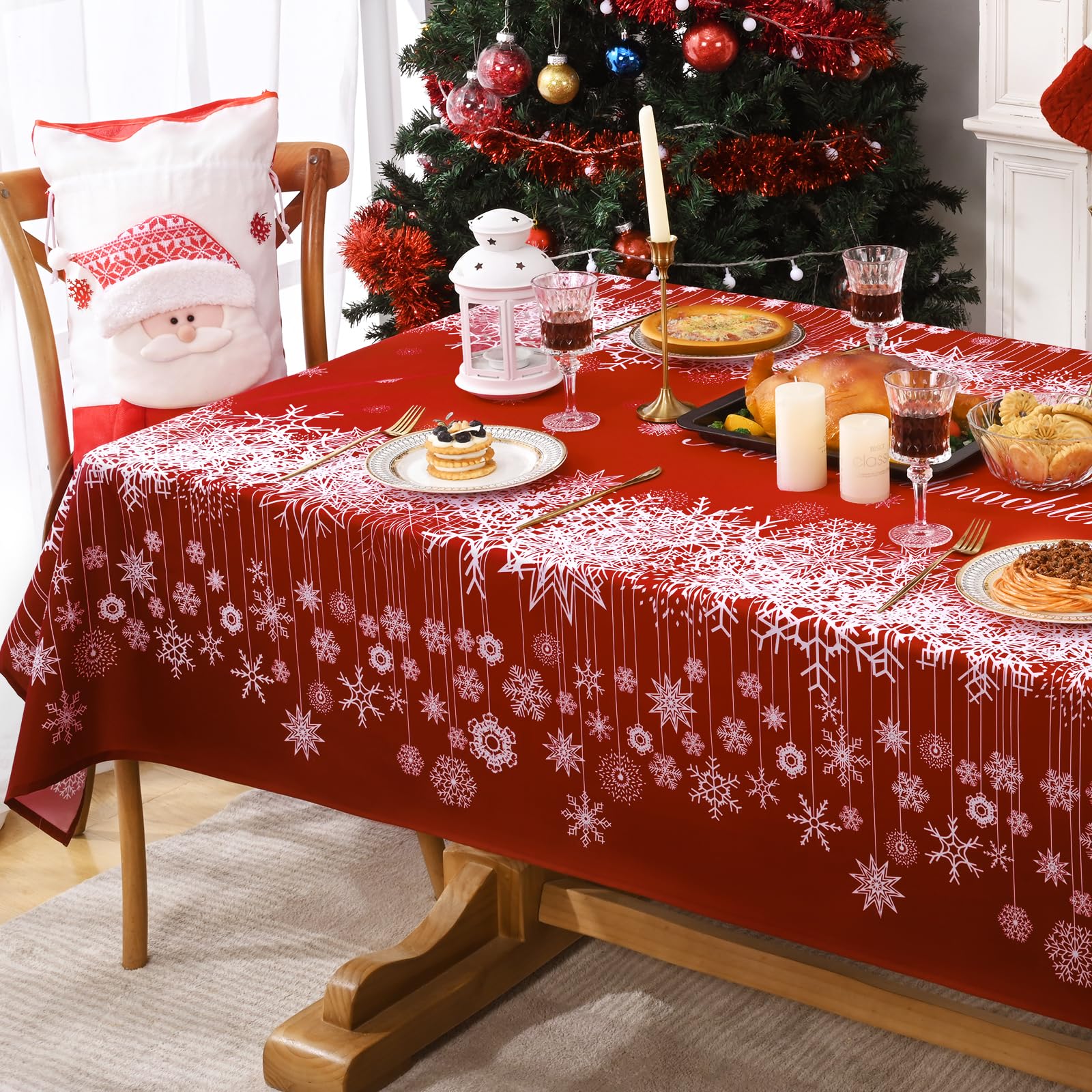 Tovaglia Natalizia In Plastica Impermeabile Con Fiocchi Di Neve Rossi - 137x274 Cm - Per Feste Invernali