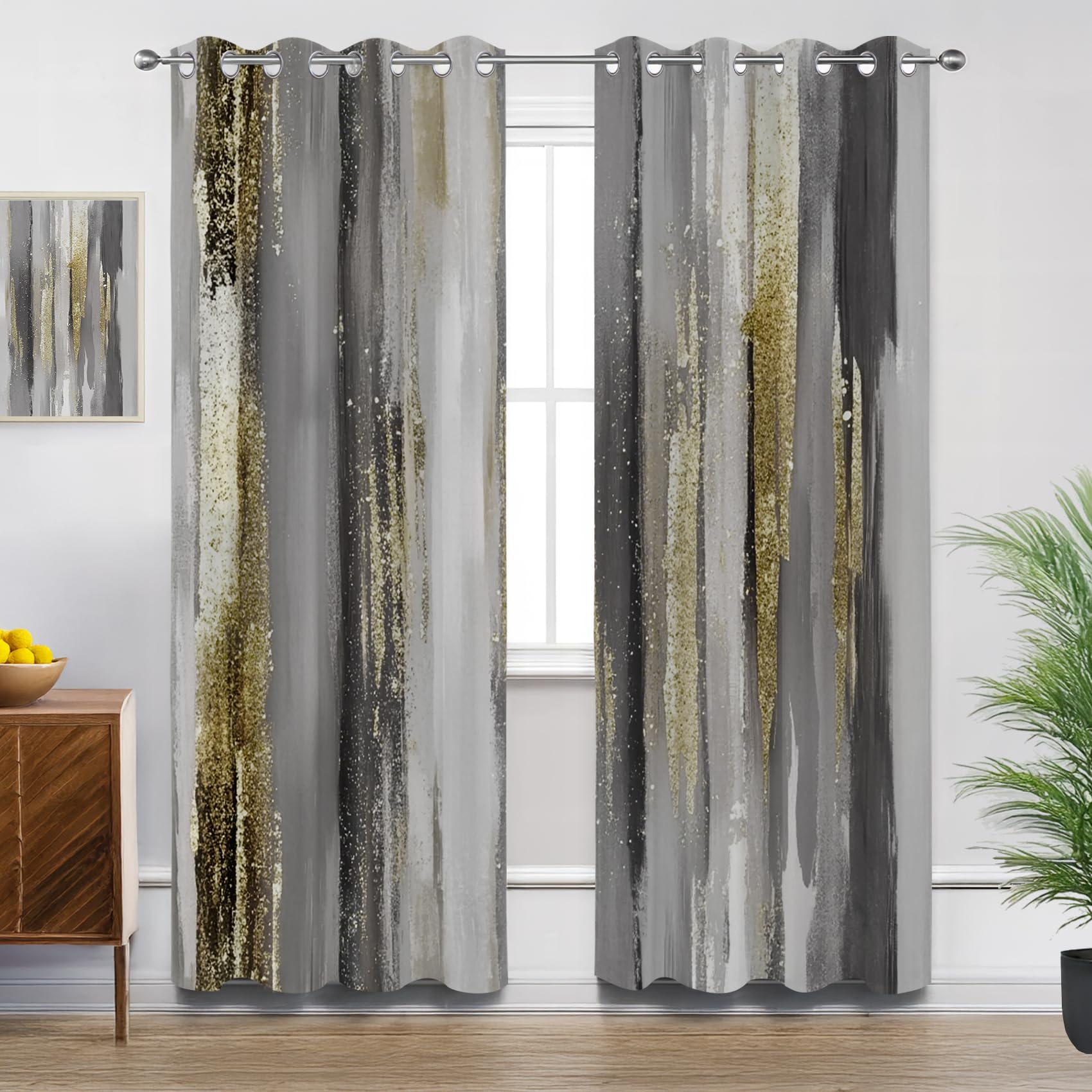 Mistela Grey Gold Curtains for Living Room, Modern Brush Stroke Abstract Luxury Blackout Curtains 90x90, Thermal Insulated Extra Wide Bedroom Curtain Eyelet, 2 Panels Drapes Home Decor