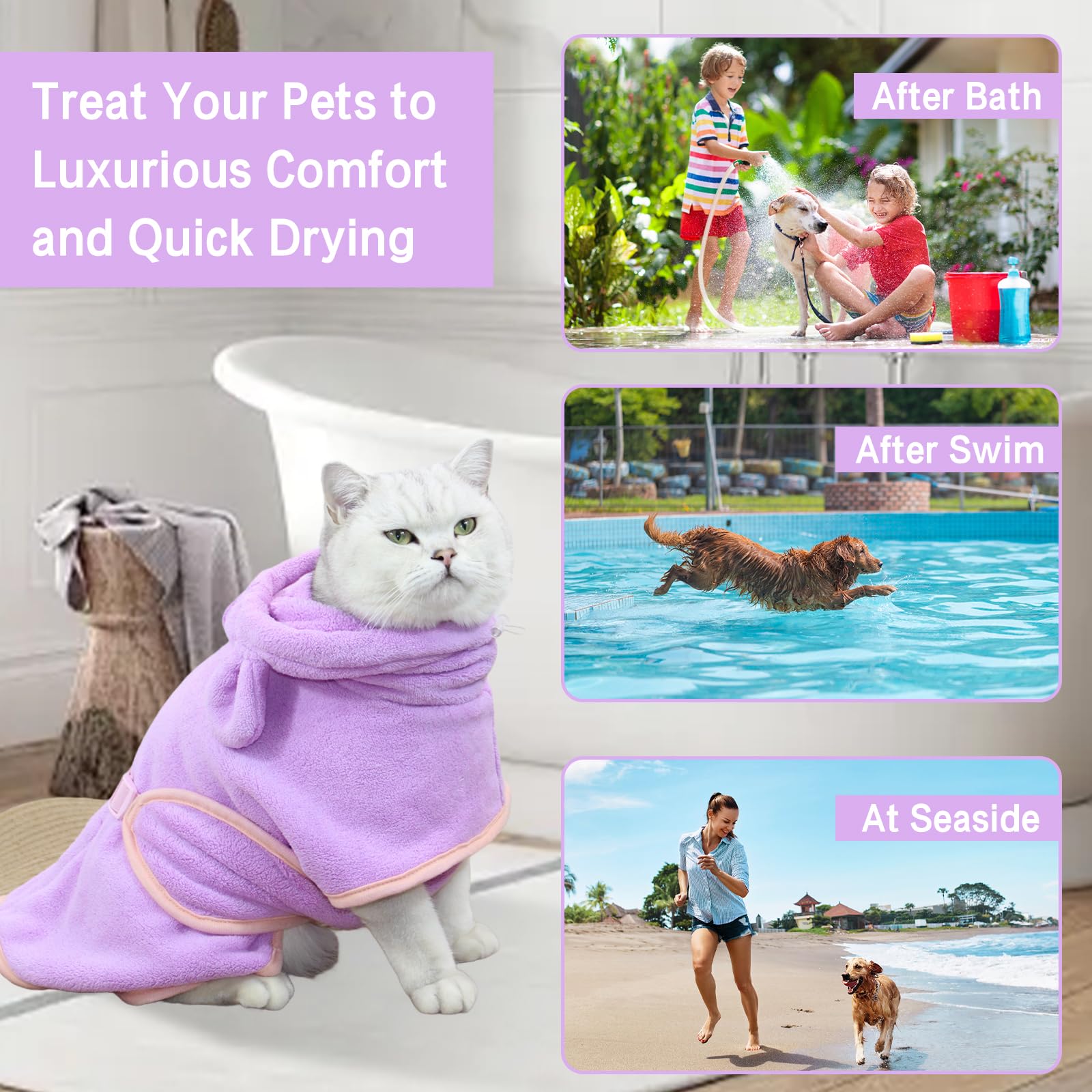 Haustier-Bademantel für Hunde und Katzen, saugfähig, schnell trocknend, niedliches Hunde-Badetuch, Kapuzenmantel, Verstellbarer Kragen und Bauchgurt für Pool, Strand