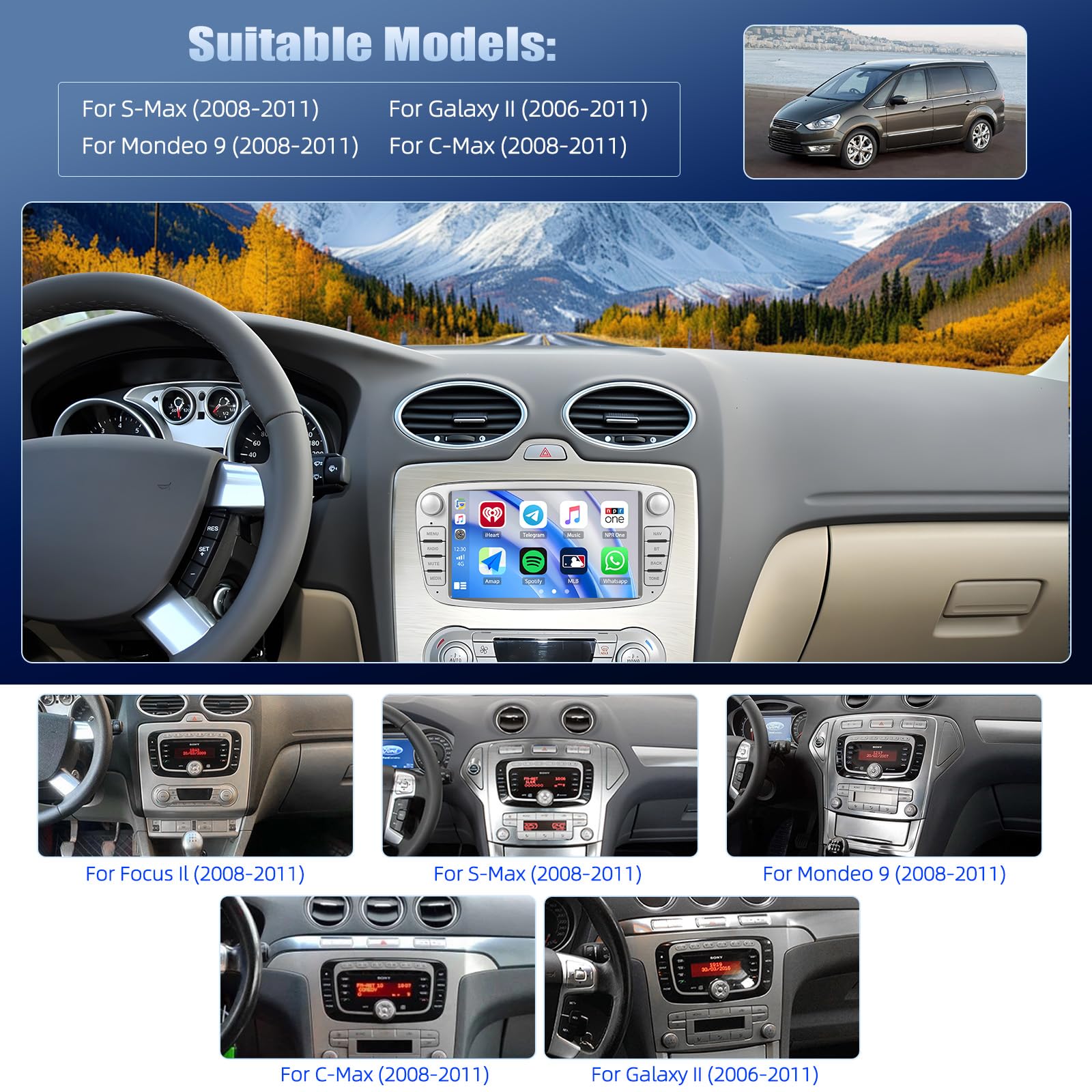 SIXWIN Radio samochodowe 2 + 64 G Android 13 do Ford Focus MK2 Mondeo Cmax Galaxy Smax Kuga z Carplay/Android Auto,7" ekran dotykowy z GPS, WiFi, Bluetooth, RDS FM (srebrne)