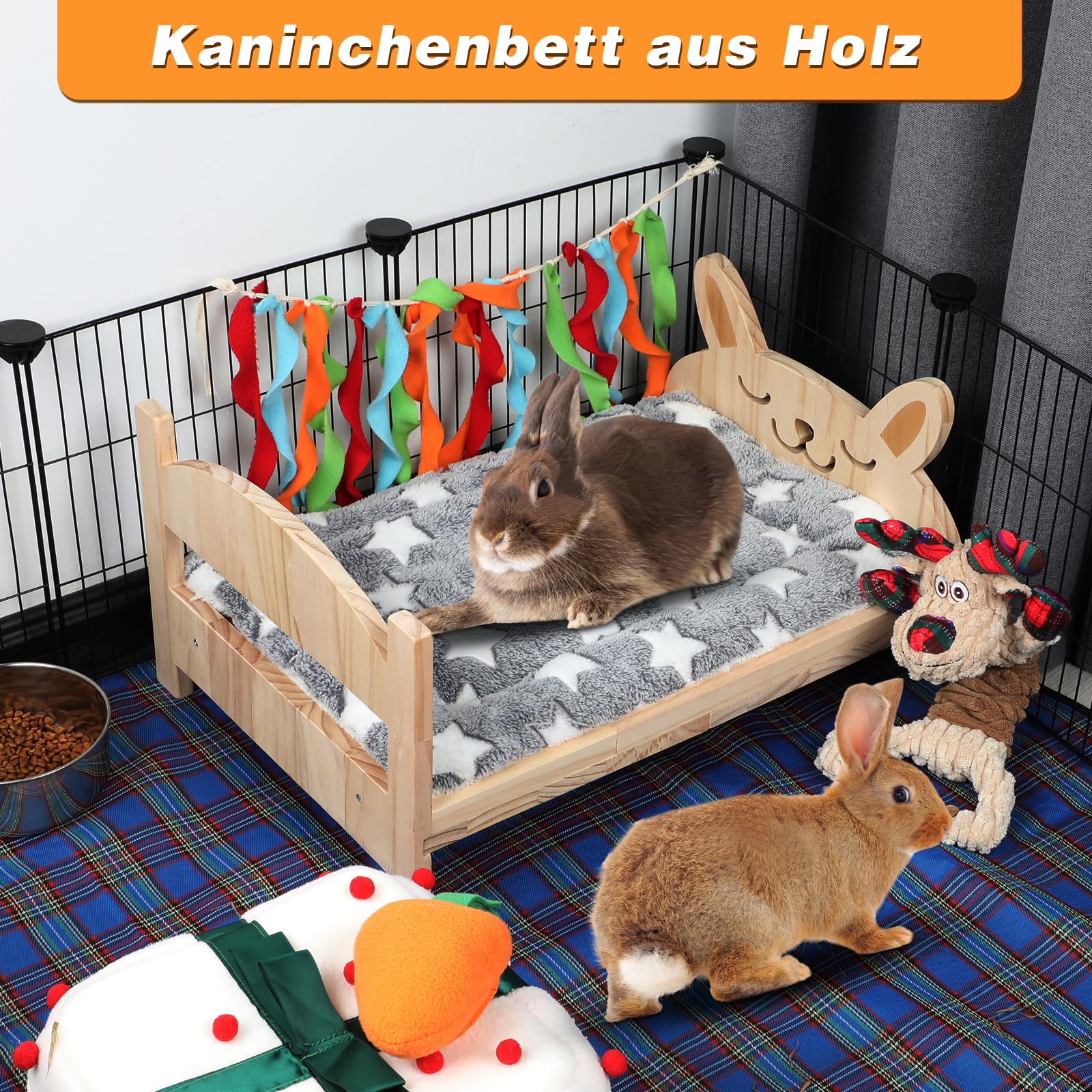 HYLYUN Großes hölzernes Kaninchenbett, 2 in 1 Zusammenklappbares Hölzernes Haustierbett mit Abnehmbarem Kissen für Kaninchen, Meerschweinchen, Kätzchen, Welpen schlafende kleine Tierbetten