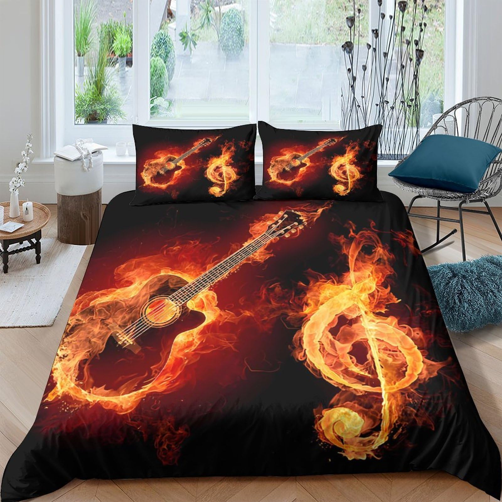 Ctjqhvkz Style-6 3D Printed Flaming Guitar Fitted Sheet Microfiber Soft Breathable Fire Music Note Mattress Cover For Bedroom Dorm Decor Single（135X200cm）