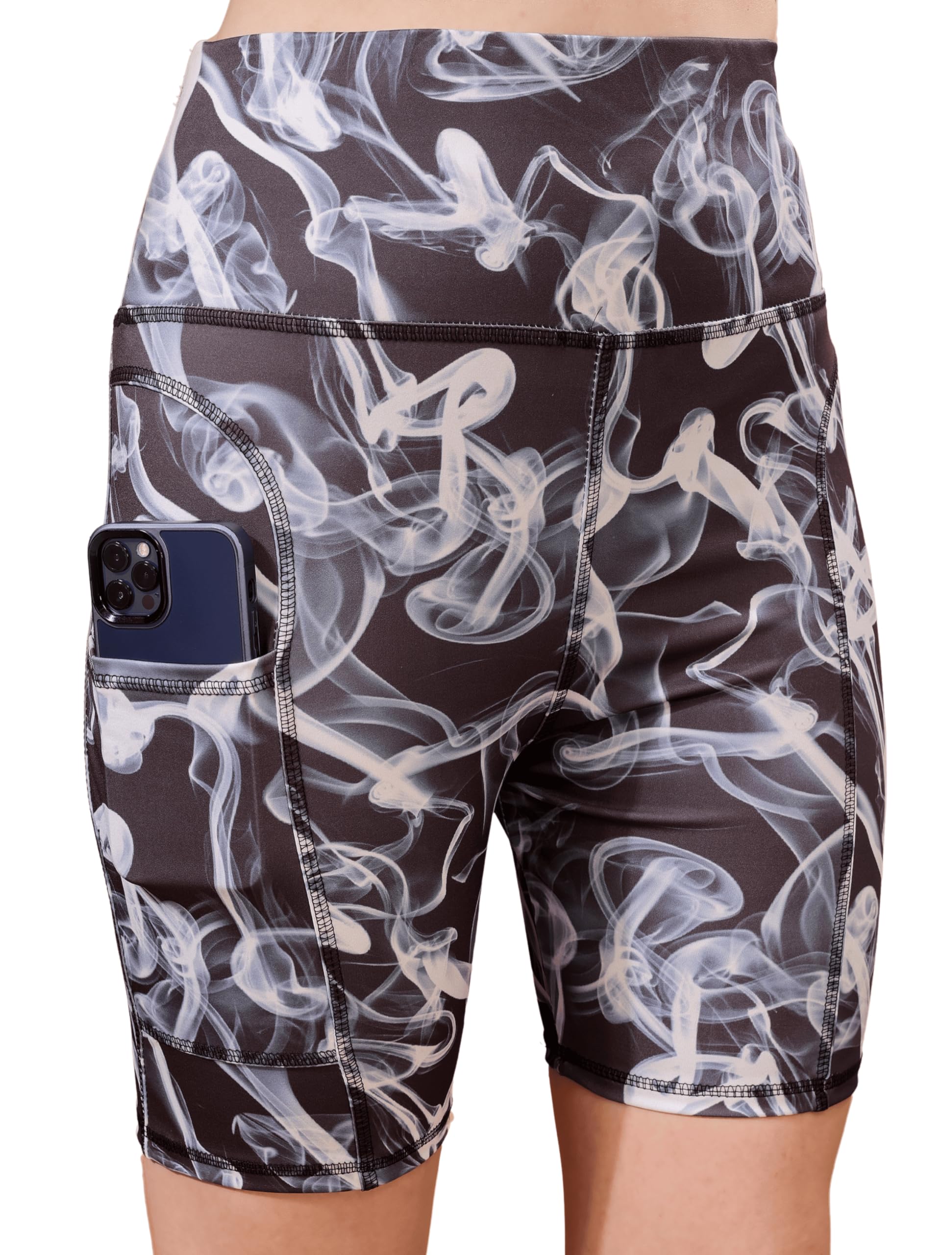 Womens High-Waisted Bike Shorts with Phone Pocket, Smoke Print, Athletic Compression, Gym Workout Sports Activewear Shorts-image-28