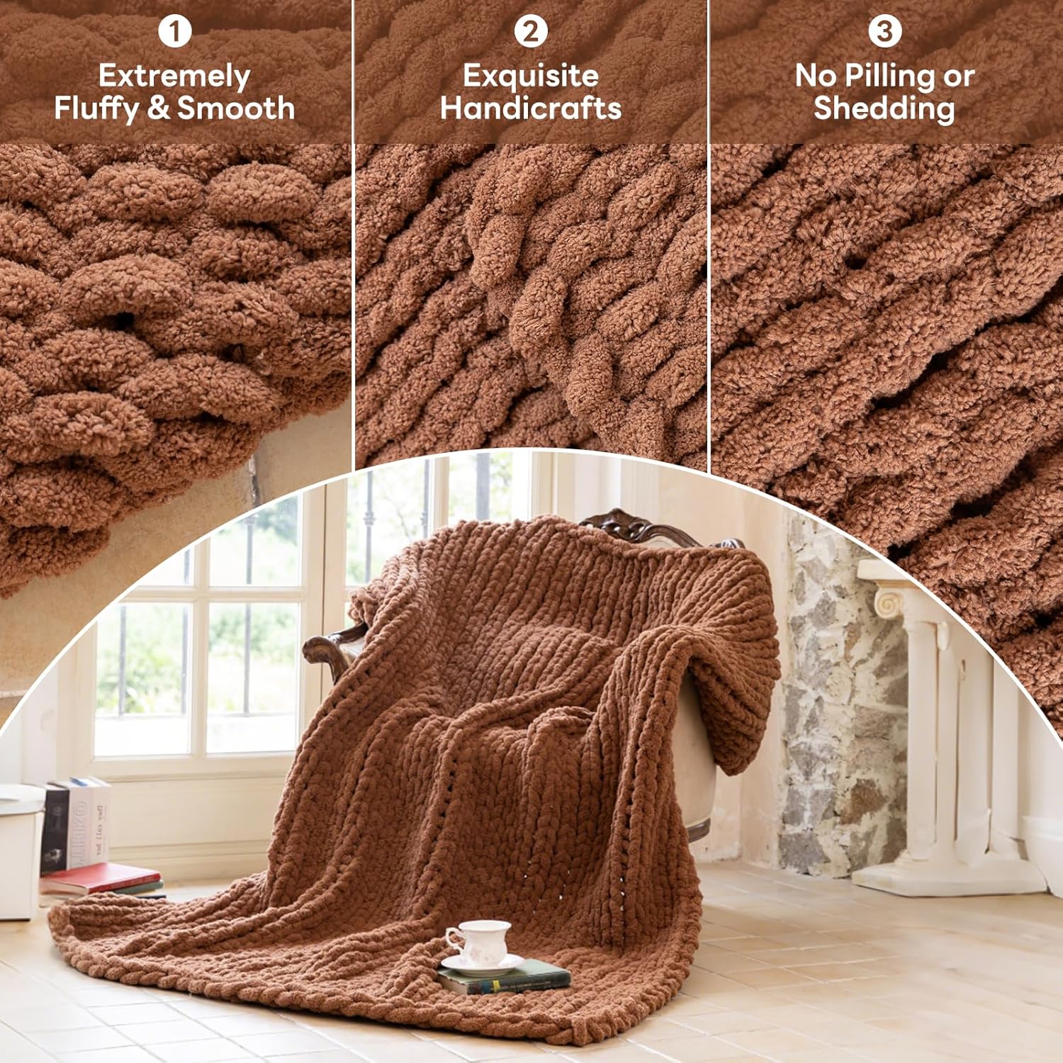 Chunky Knit Blanket - Luxury Soft Cozy 50 * 60 Throw Blanket,100% Woven Blanket Rope Knot Throw Blanket for Couch, Sofa, Home Decor, Gift - Machine Washable (Reddish-Brown, 50 * 60) - Image 7