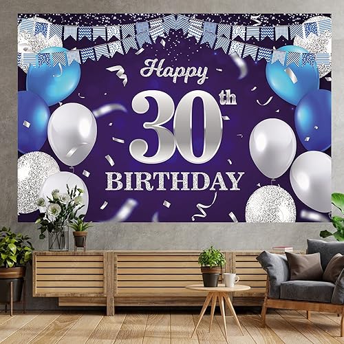 Vista 289 de Cartel de feliz cumpleaños número 31, globos azul marino, bandera de confeti a rayas, puntos de luz, saludos a 31 años, decoración temática