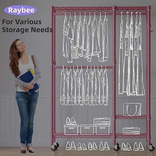Miniatura 7 de Raybee Perchero de ropa rosa de 80 pulgadas de alto, perchero resistente para colgar ropa, perchero con ruedas, estante portátil de alambre para