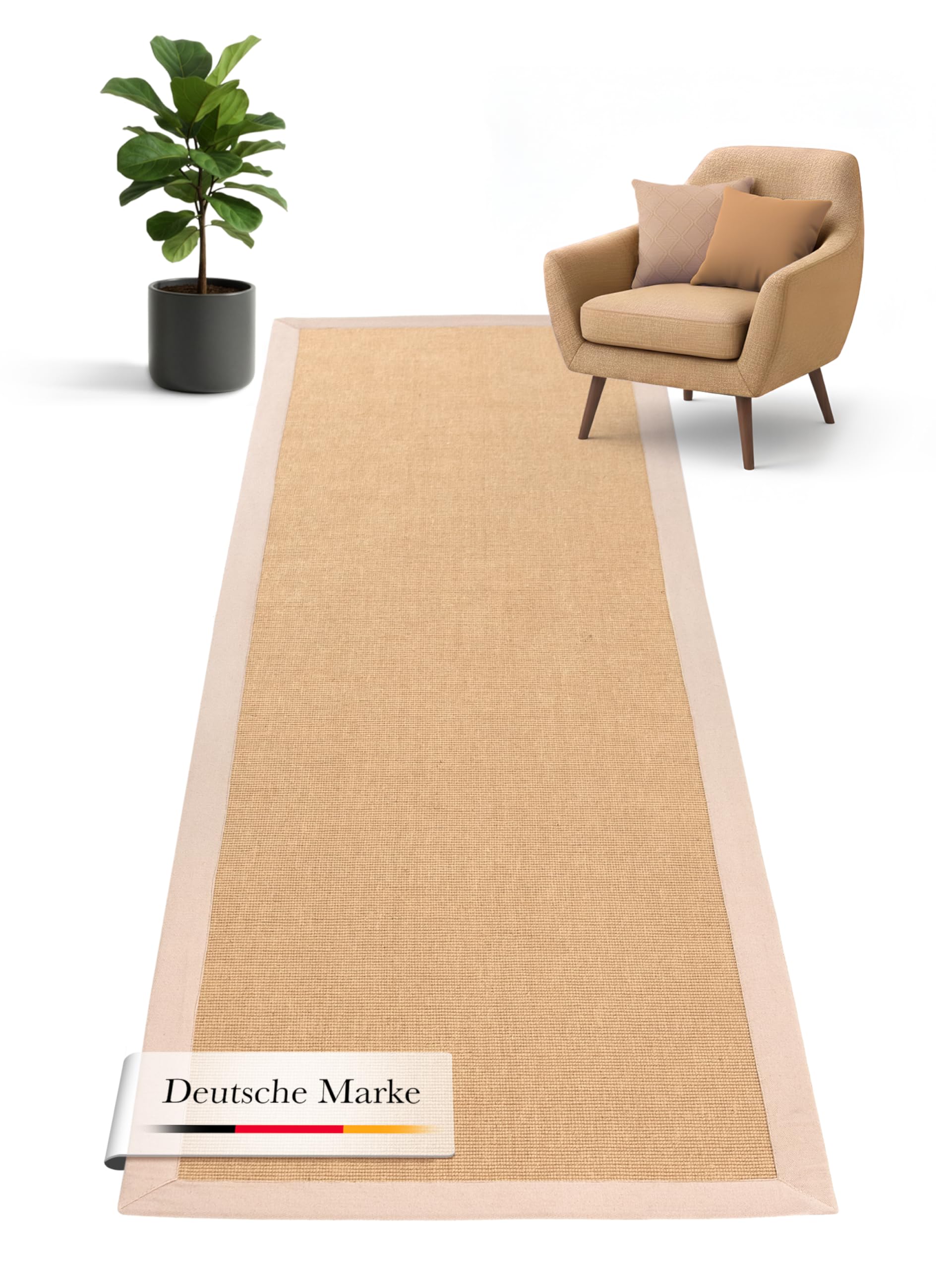 carpetfine Sisalteppich Läufer Naturfarbe 60x180 cm handgewebt mit Bordüre aus Baumwolle in Beige | Rutschfester Flachgewebe Teppichläufer Uni aus Naturfasern für Wohnzimmer, Schlafzimmer